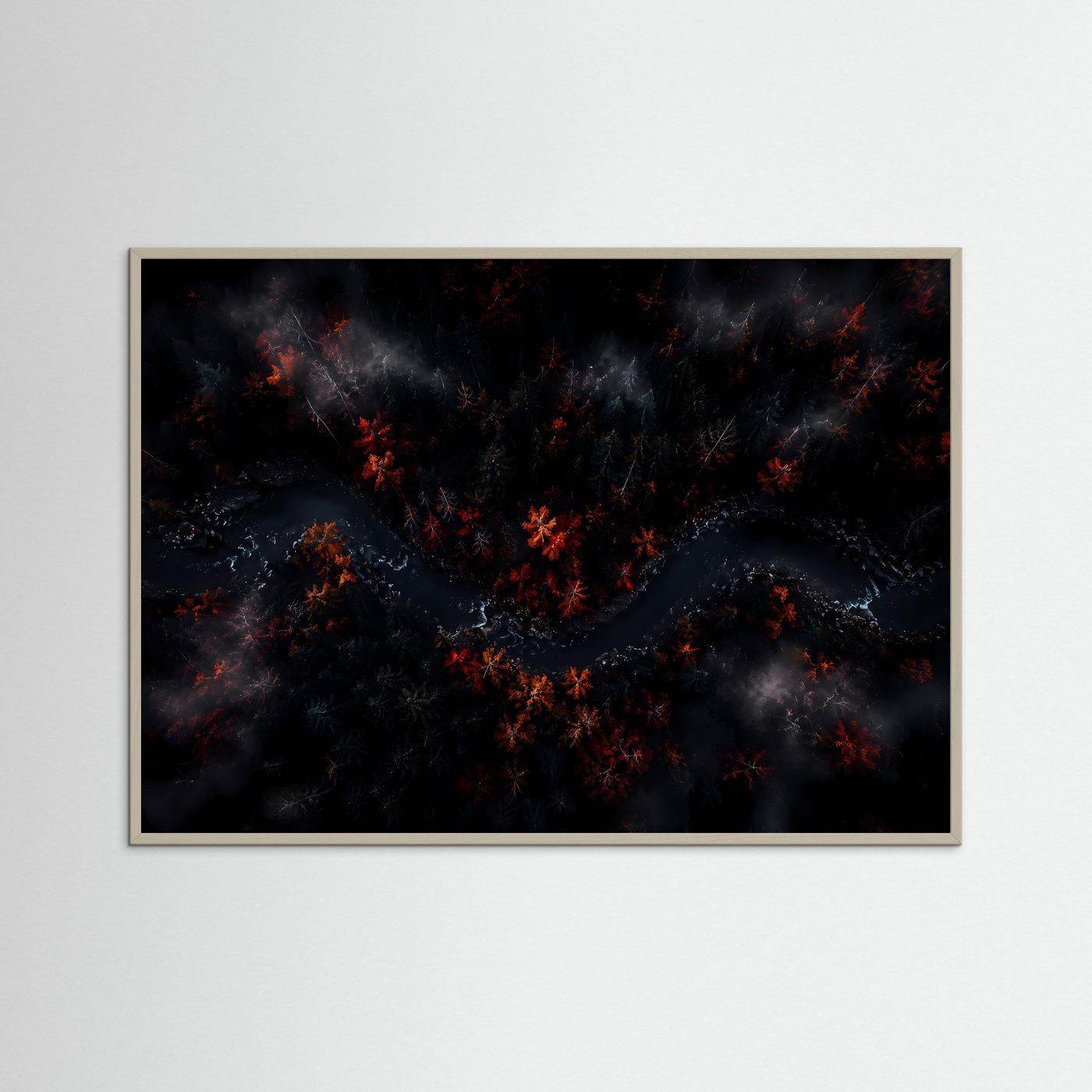 Mystischer Wald aus der Vogelperspektive | Dunkles Herbst Landschaftsbild | Atmosphärische Waldkunst mit Fluss | Modernes Natur Poster | Premium Leinwand