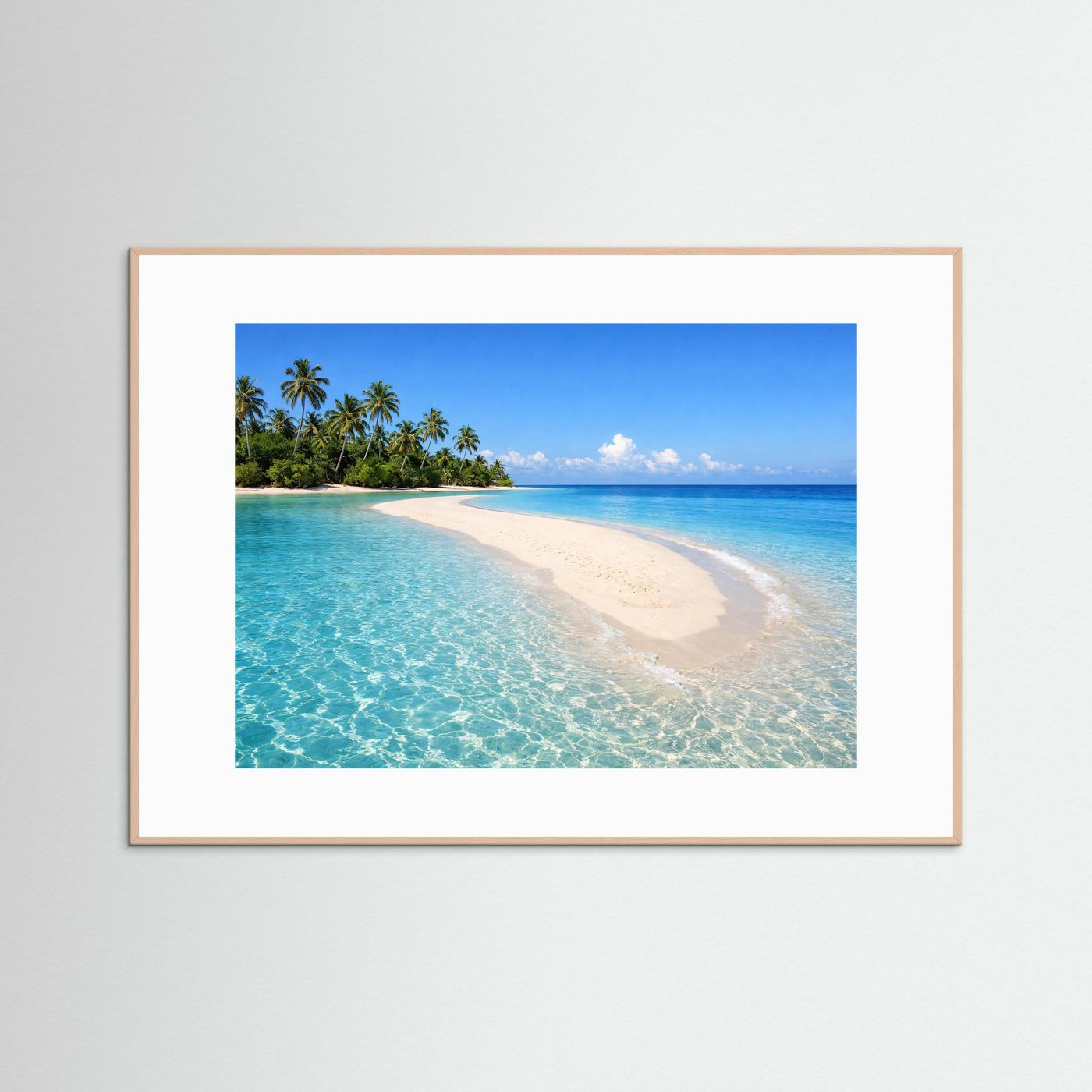 Tropenstrand-Panorama-Poster mit Sandbank, heller Holzrahmen