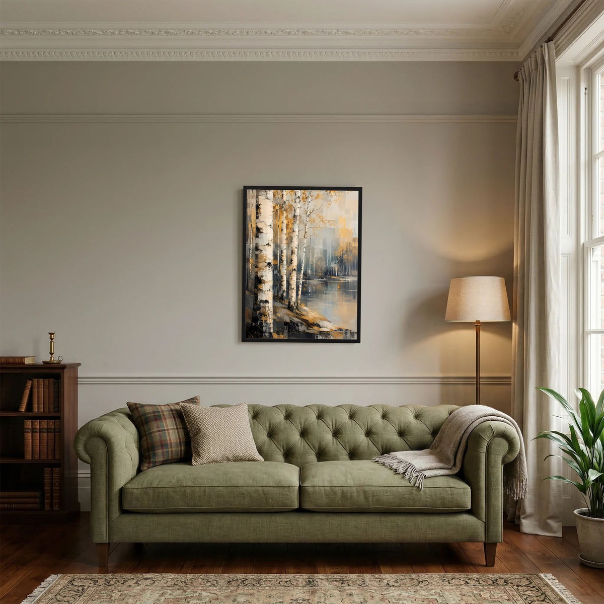 Hochformat-Poster im dunklen Rahmen mit abstraktem Birkenwald und Wasserfläche