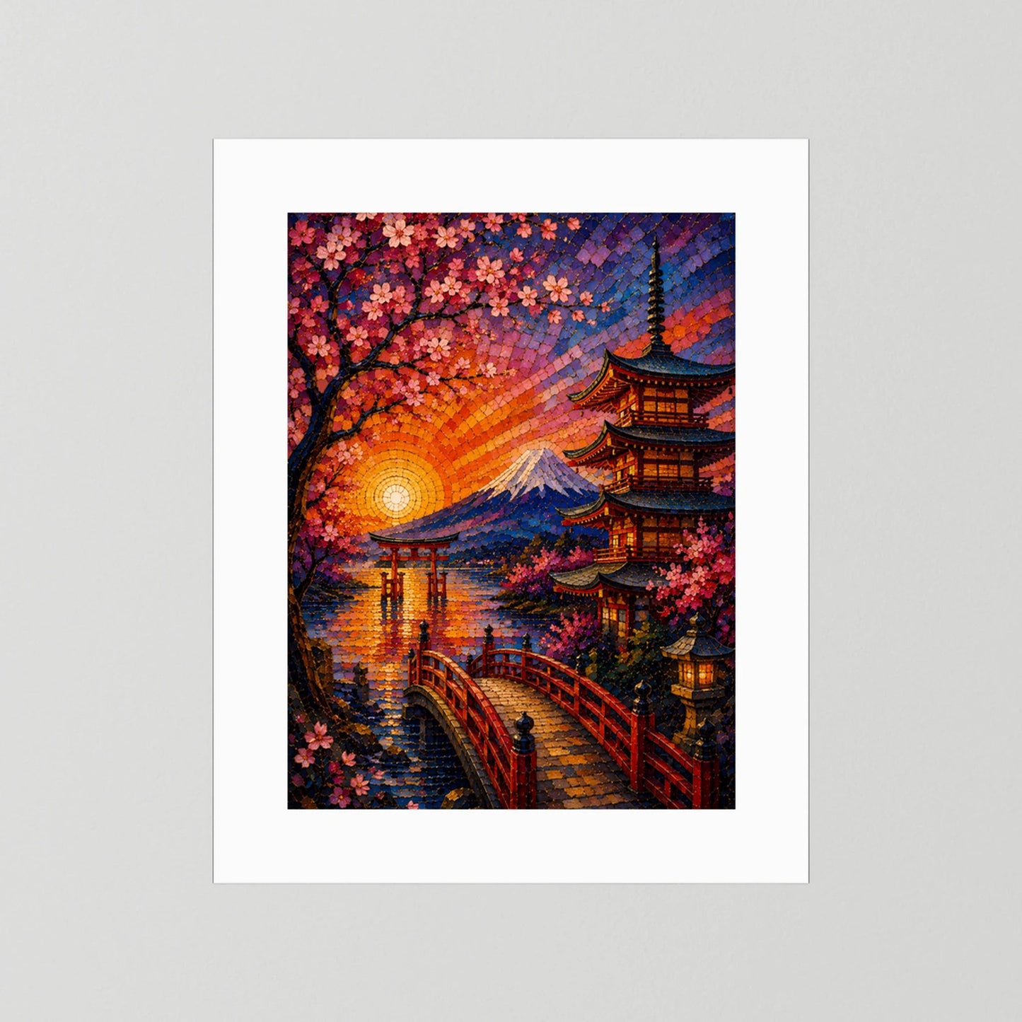 Hochformat-Poster im Mosaikstil mit Kirschblüten, Pagode und Fuji im Sonnenuntergang, weiß gerahmt