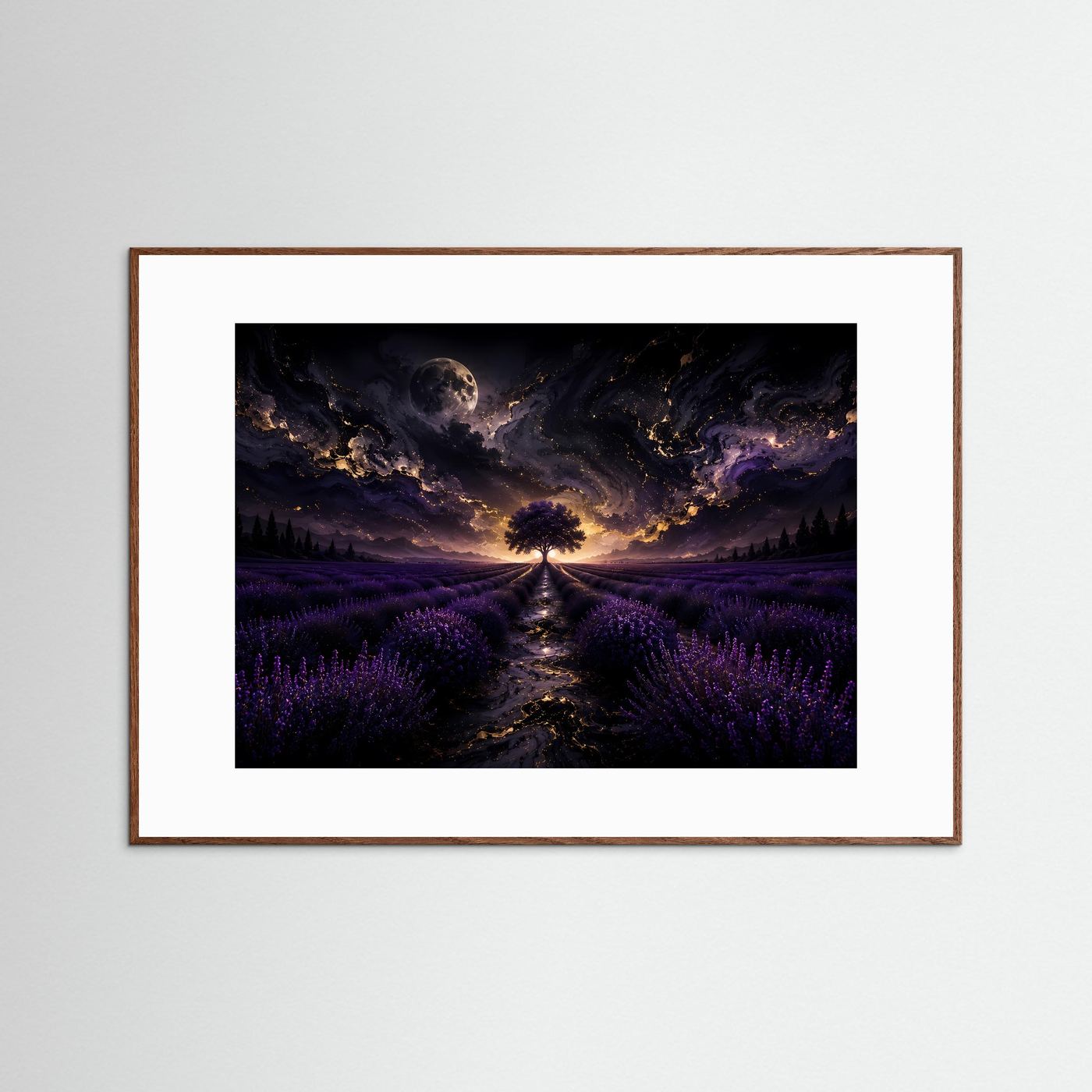 Lavendelfeld Wandbild Nacht | Mystischer Baum unter Mond | Fantasy Landschaft Poster | Lila Leinwandbild | Abstrakte Fine Art Wandkunst