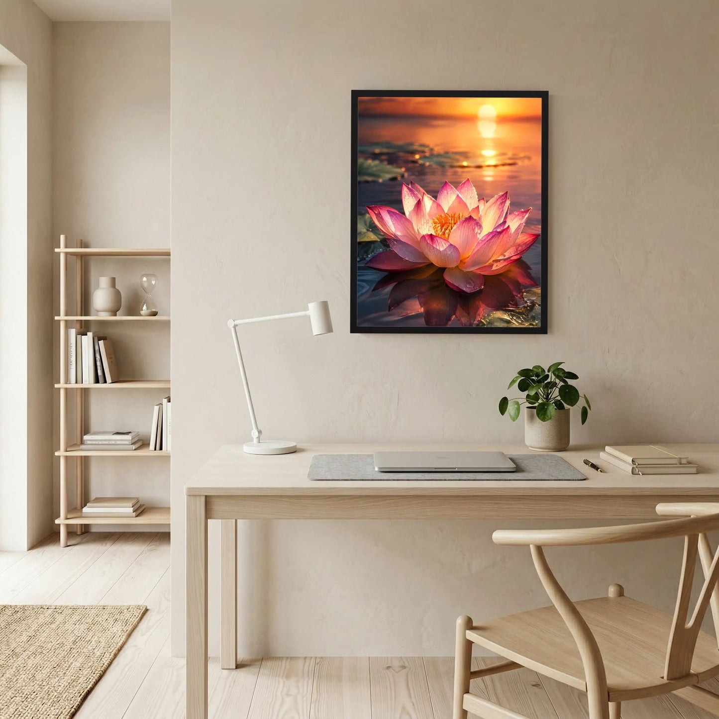 Poster mit rosa Lotusblüte beim Sonnenuntergang in schwarzem Rahmen über Schreibtisch