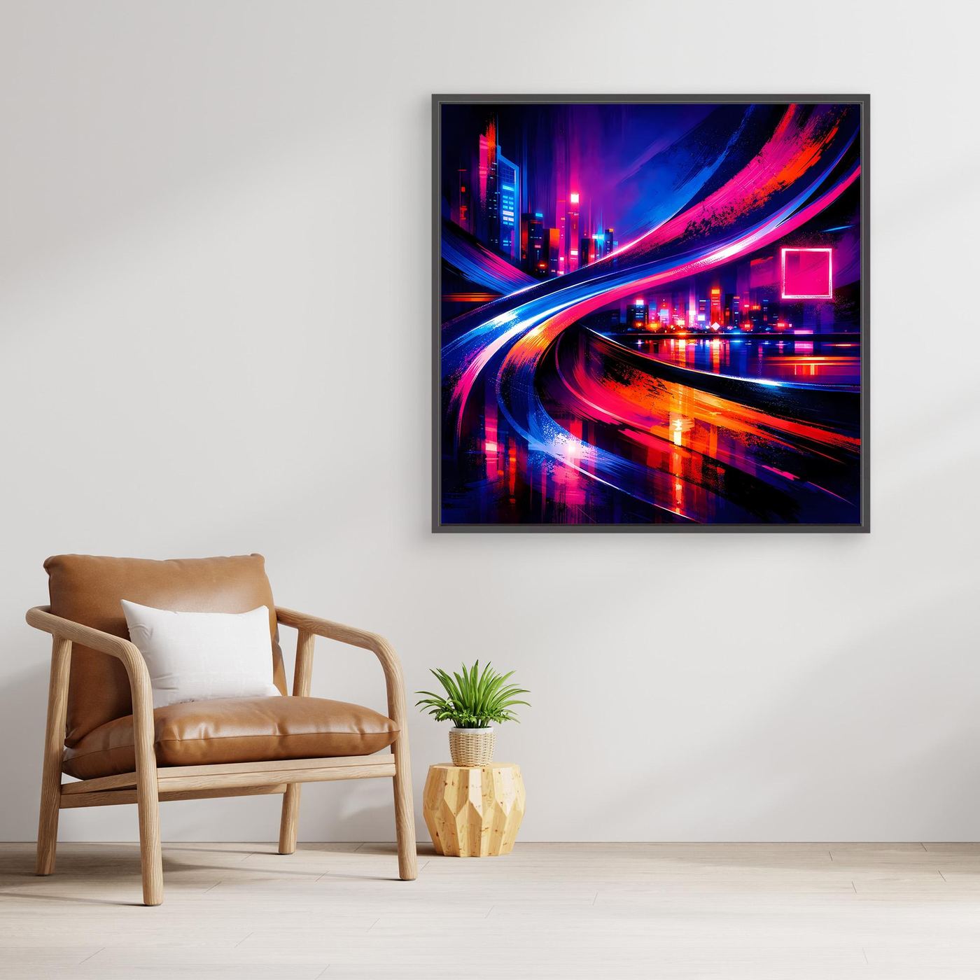 Leinwandbild mit Neon-Stadtstraße und Lichtkreuzen, rechteckig, Holzrahmen