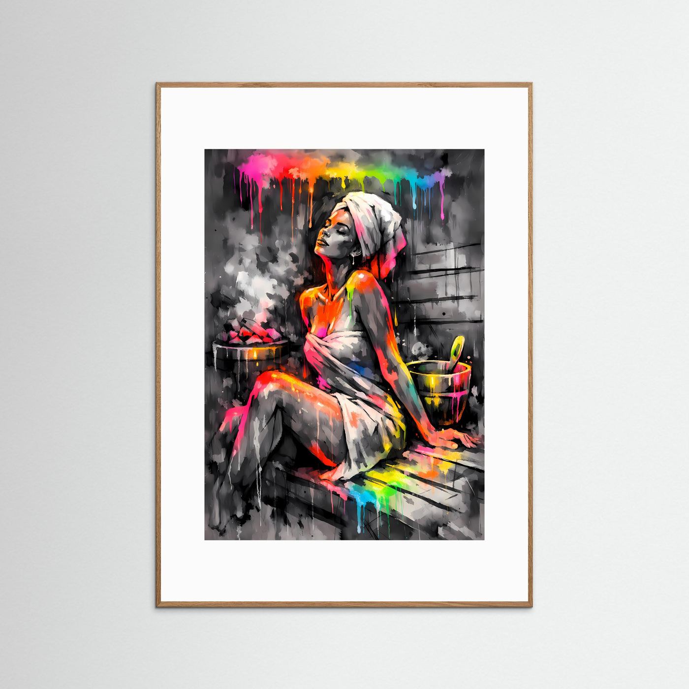 Oase der Entspannung | Modernes Sauna-Poster mit Regenbogen-Farbspritzern | Abstraktes Kunstposter Hochformat