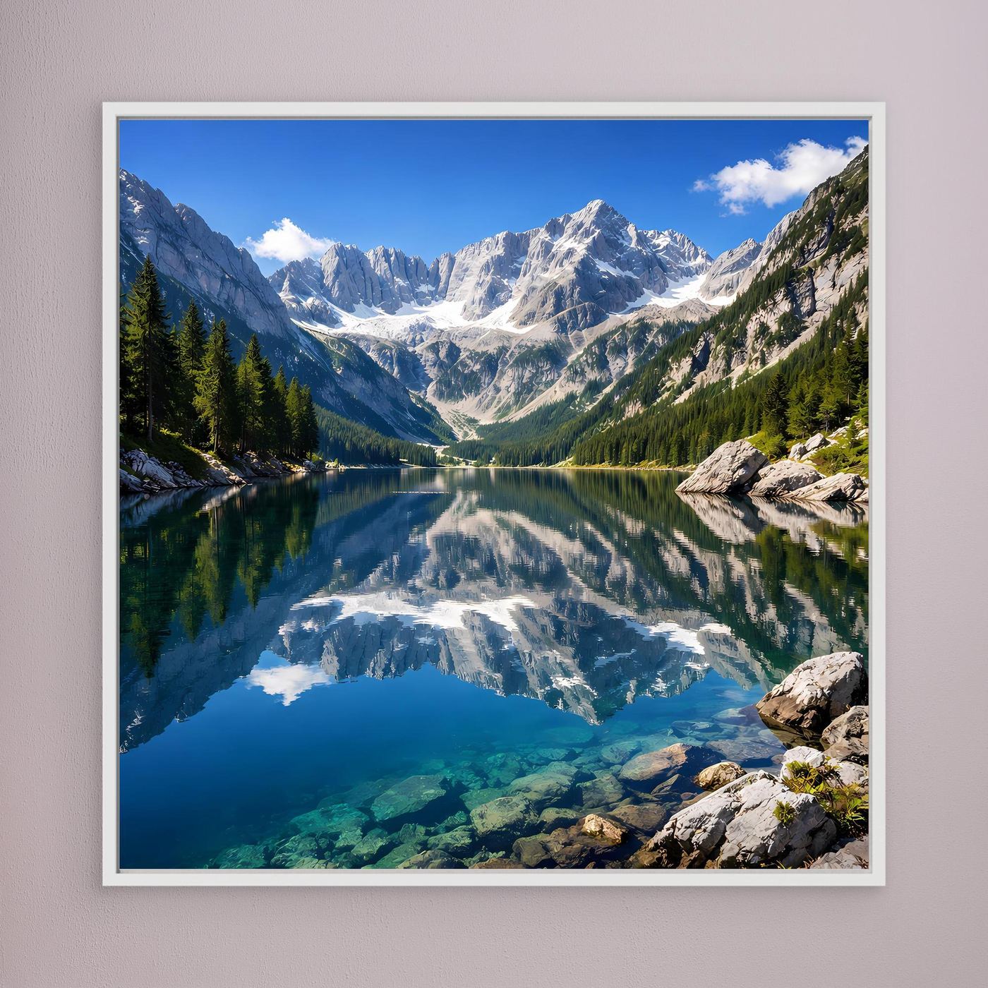 Gerahmtes Leinwandbild mit Bergsee und Alpenpanorama, Spiegelung im kristallblauen Wasser