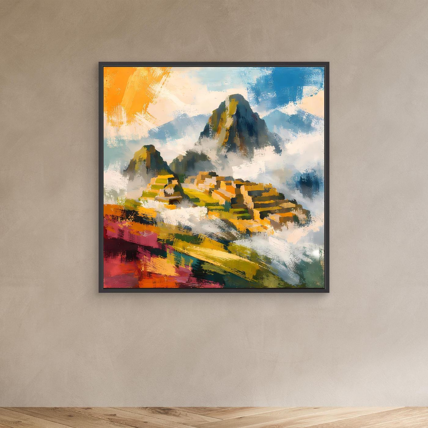 Quadratisches Leinwand-Wandbild mit Inka-Ruinen und Bergmassiv, bunt, im schwarzen Rahmen.