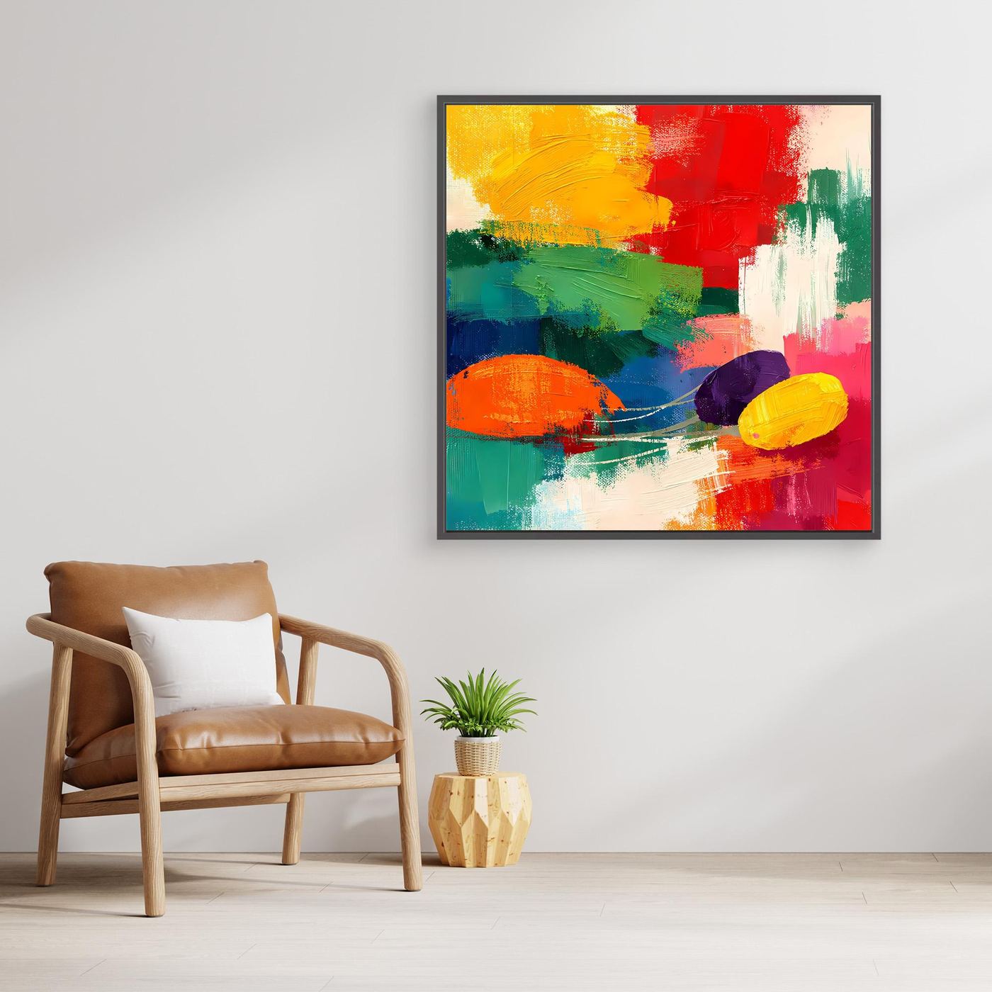 Leinwand-Wandbild mit abstrakten Farbklecksen und dunklem Rahmen, Rot, Grün, Gelb, Blau