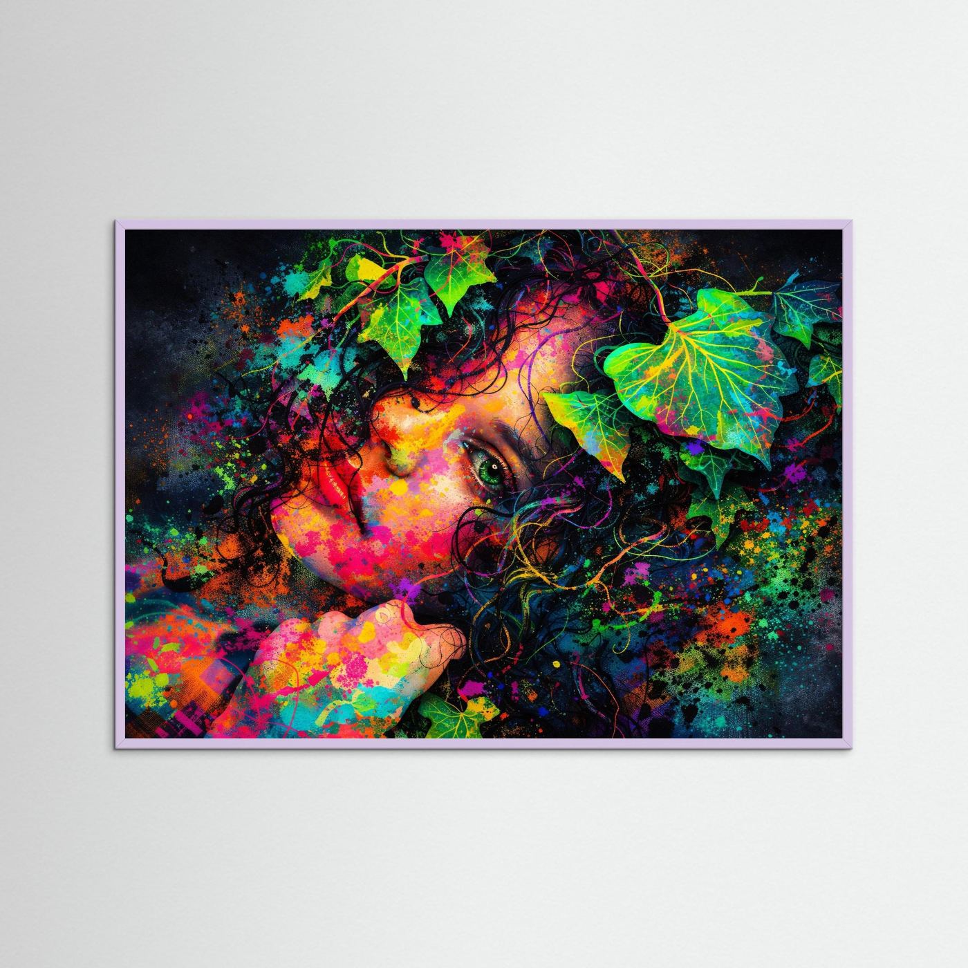 Wandbild mit surrealem Porträt, grünem Blätterkranz und Farbexplosion, violetter Rahmen