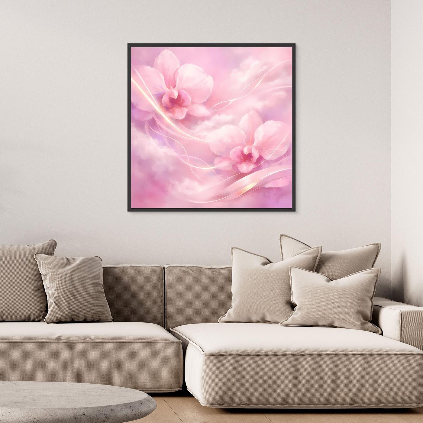 Leinwandbild mit rosa Orchideen-Motiv, schwarzer Rahmen
