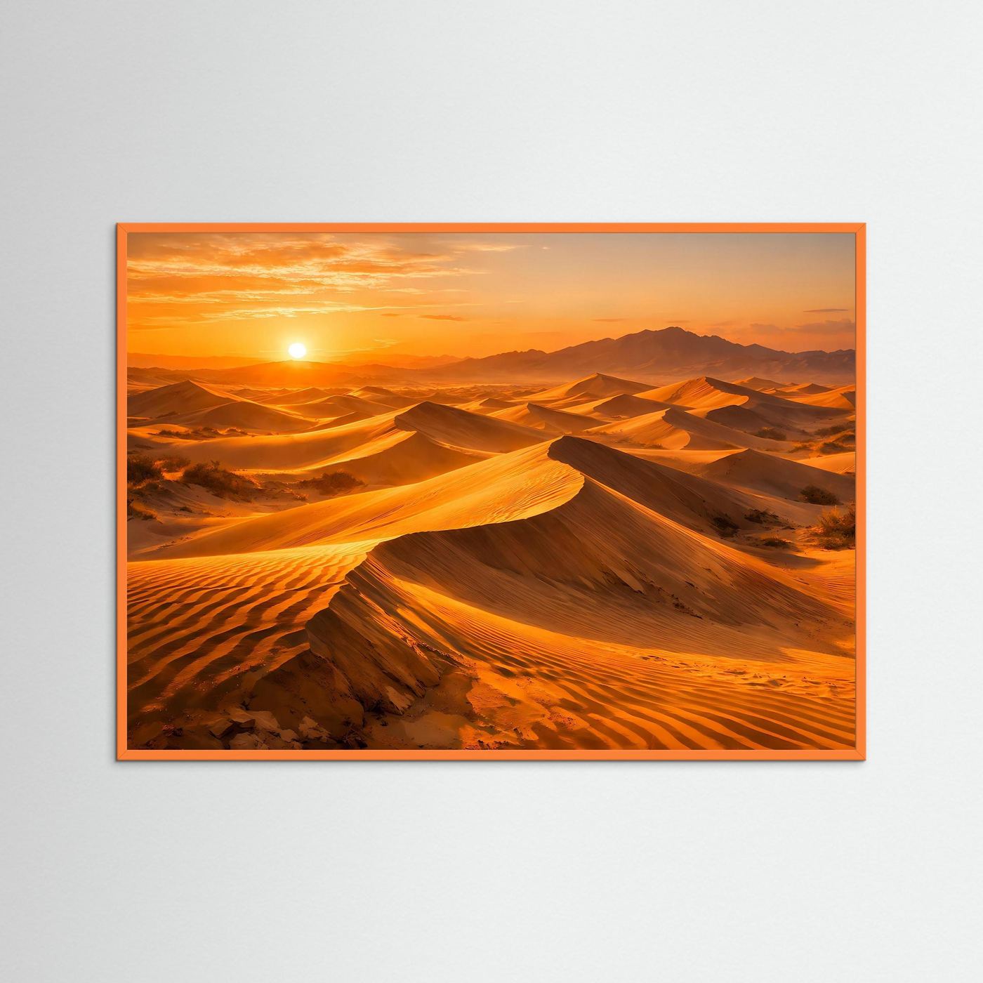 Wandbild Wüstenlandschaft mit goldenen Sanddünen im Abendlicht, orangefarbener Rahmen