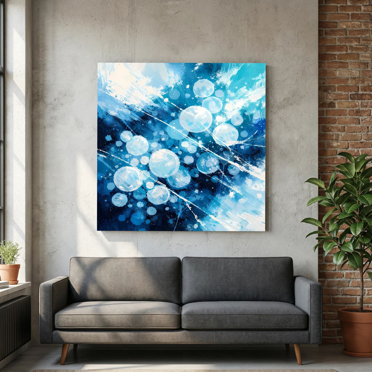 Abstraktes Wandbild auf Leinwand: blaue Blasen, helle Kreise und gesprenkelter Hintergrund
