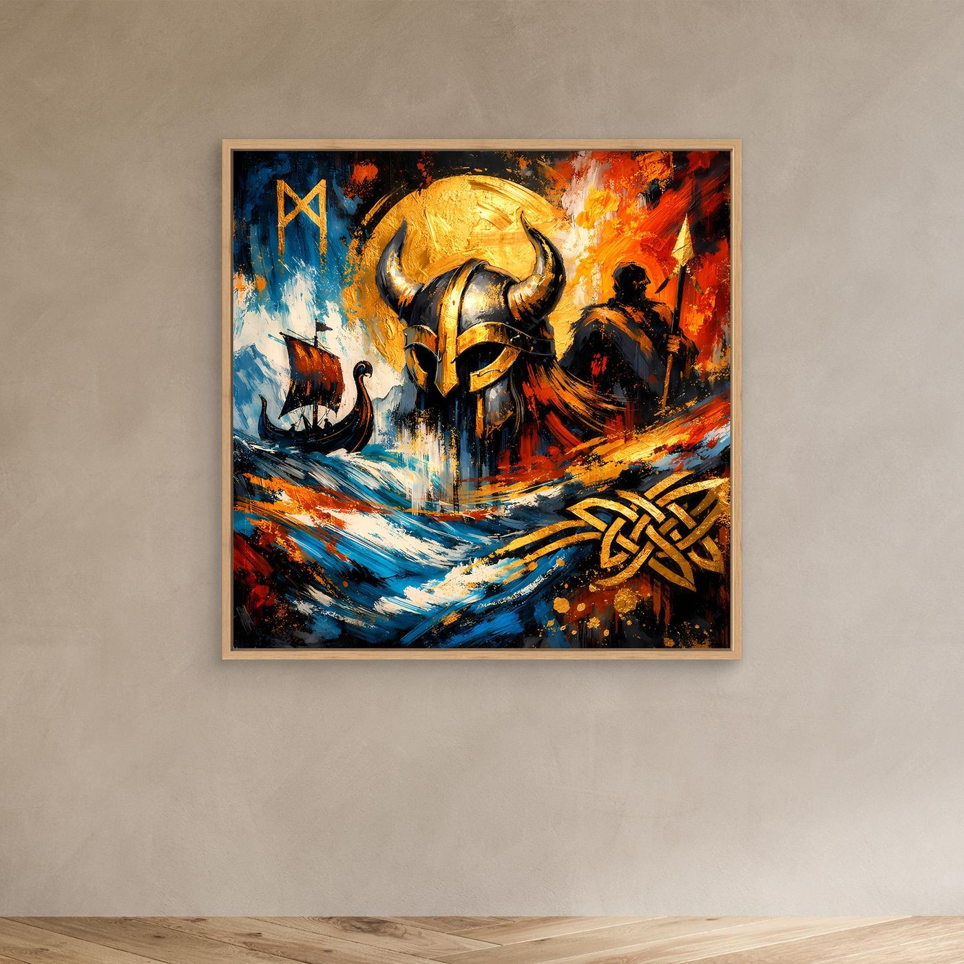 Abstraktes Leinwandbild mit Wikingerhelm und Runen im Eichenrahmen, bunt