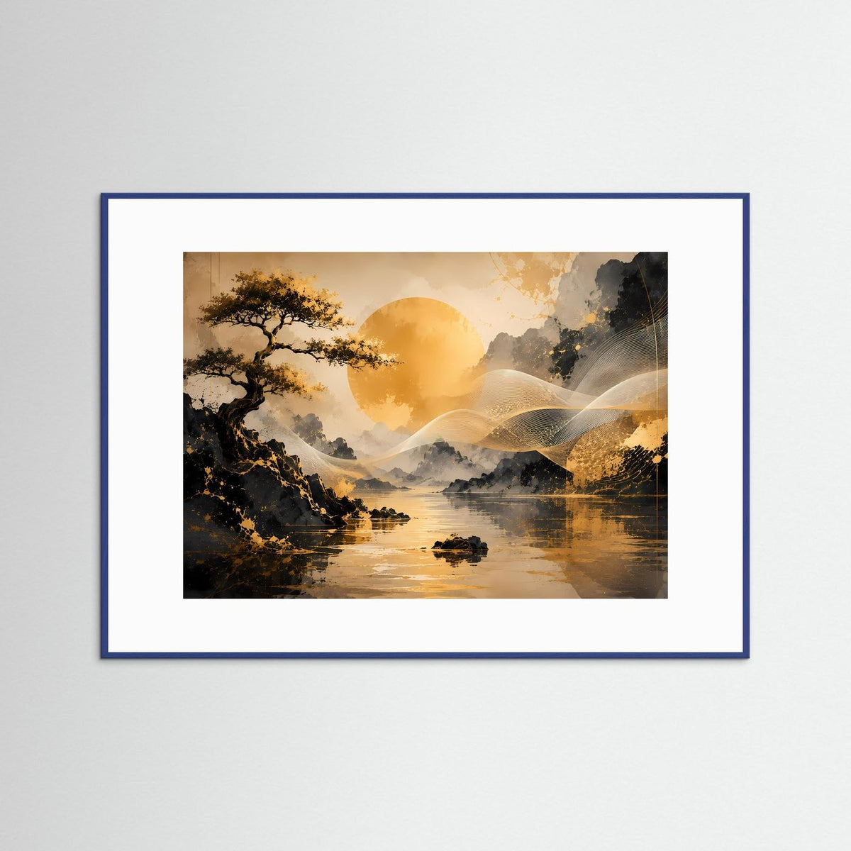Gerahmtes Poster mit asiatischer Landschaft: goldener Bonsai, See und Berge, blauer Rahmen