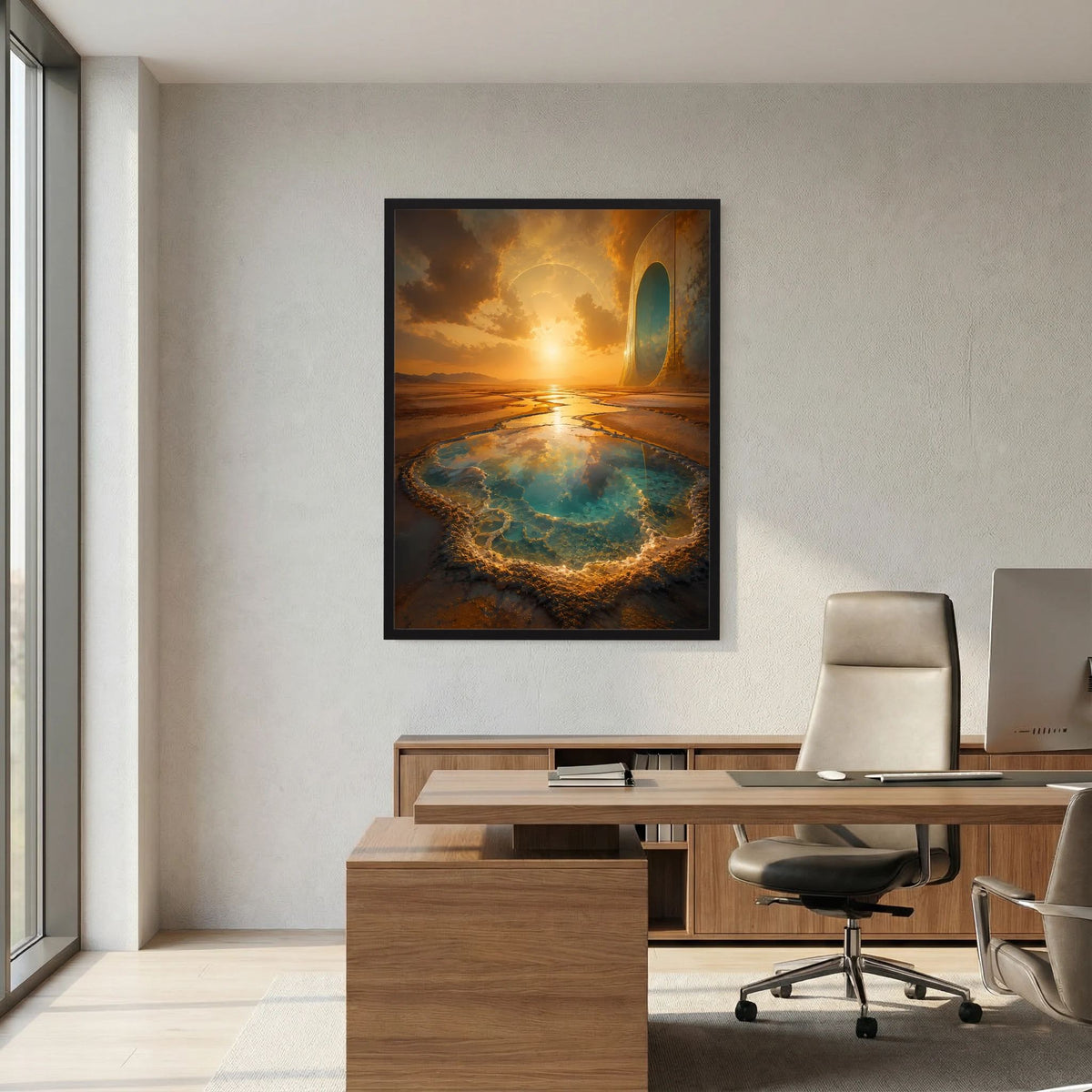 Gerahmtes Poster im Hochformat mit goldenem Tor und türkisfarbener Quelle in surrealer Landschaft