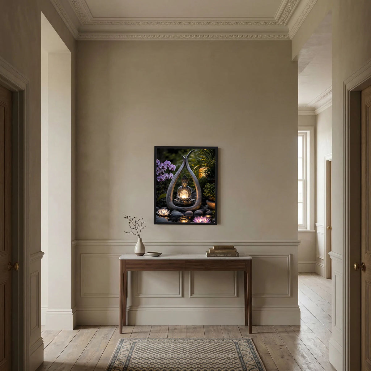 Spirituelles Poster mit Buddha und leuchtender Lichtkugel im schwarzen Rahmen