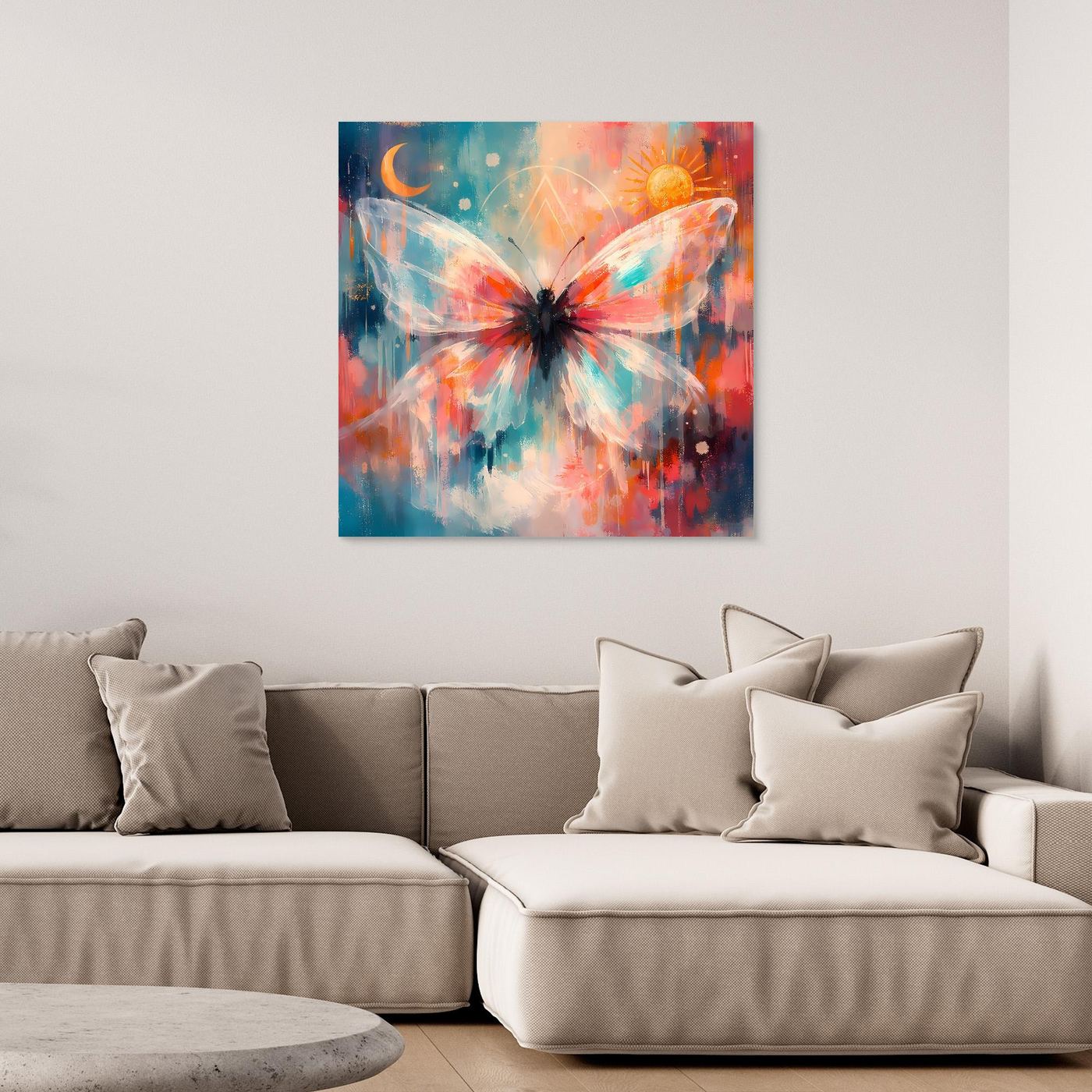 Leinwand-Wandbild mit kosmischem Schmetterling, Sonne und Mond, ohne Rahmen