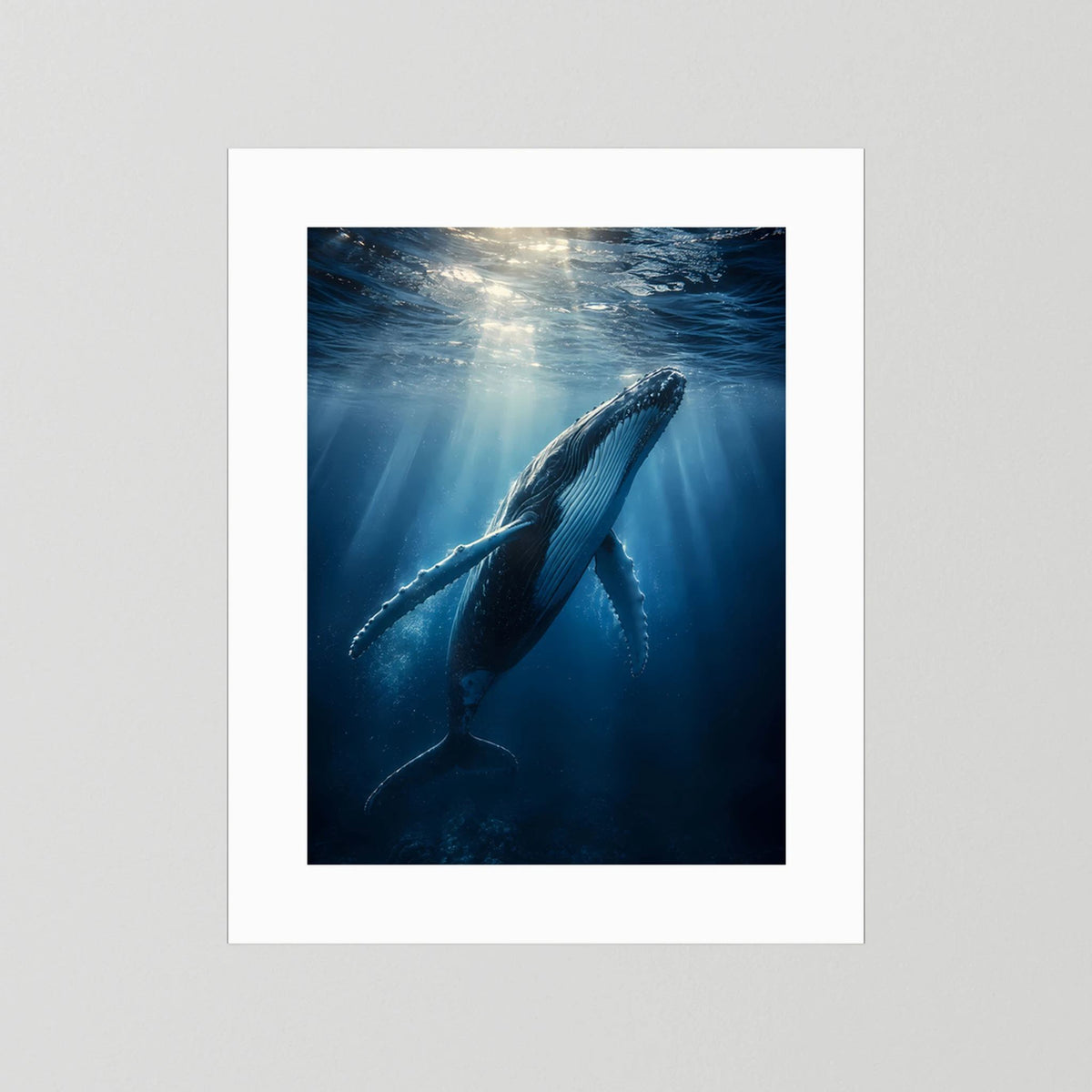 Poster im Hochformat mit Buckelwal unter Wasser, weißer Rand