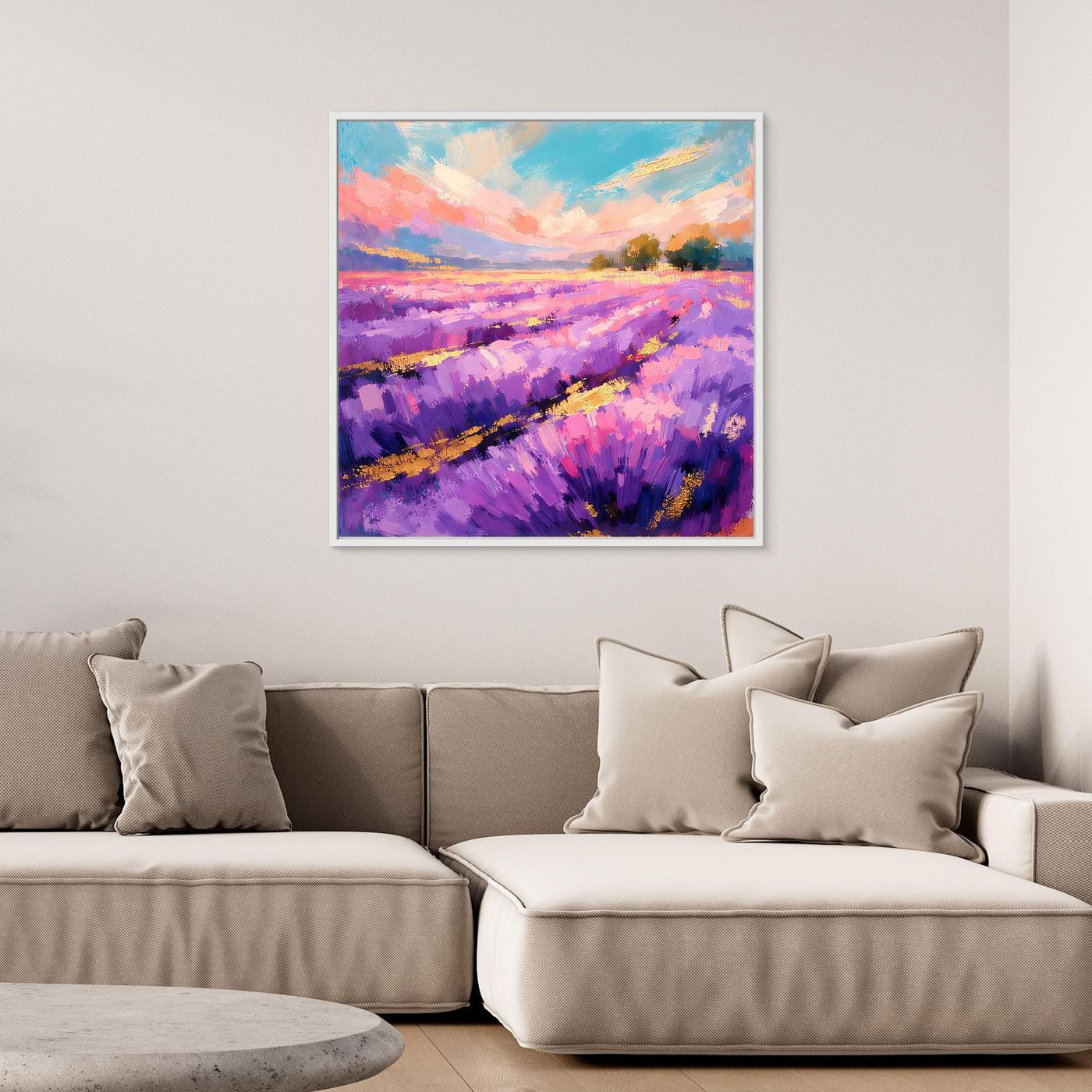 Abstraktes Leinwandbild mit violettem Lavendelfeld und pastellfarbenem Himmel