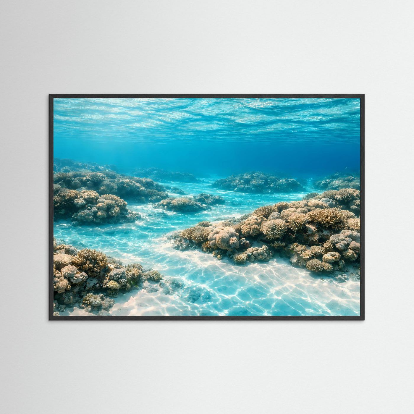 Wandbild mit Unterwasser-Korallenriff in schwarzem Rahmen