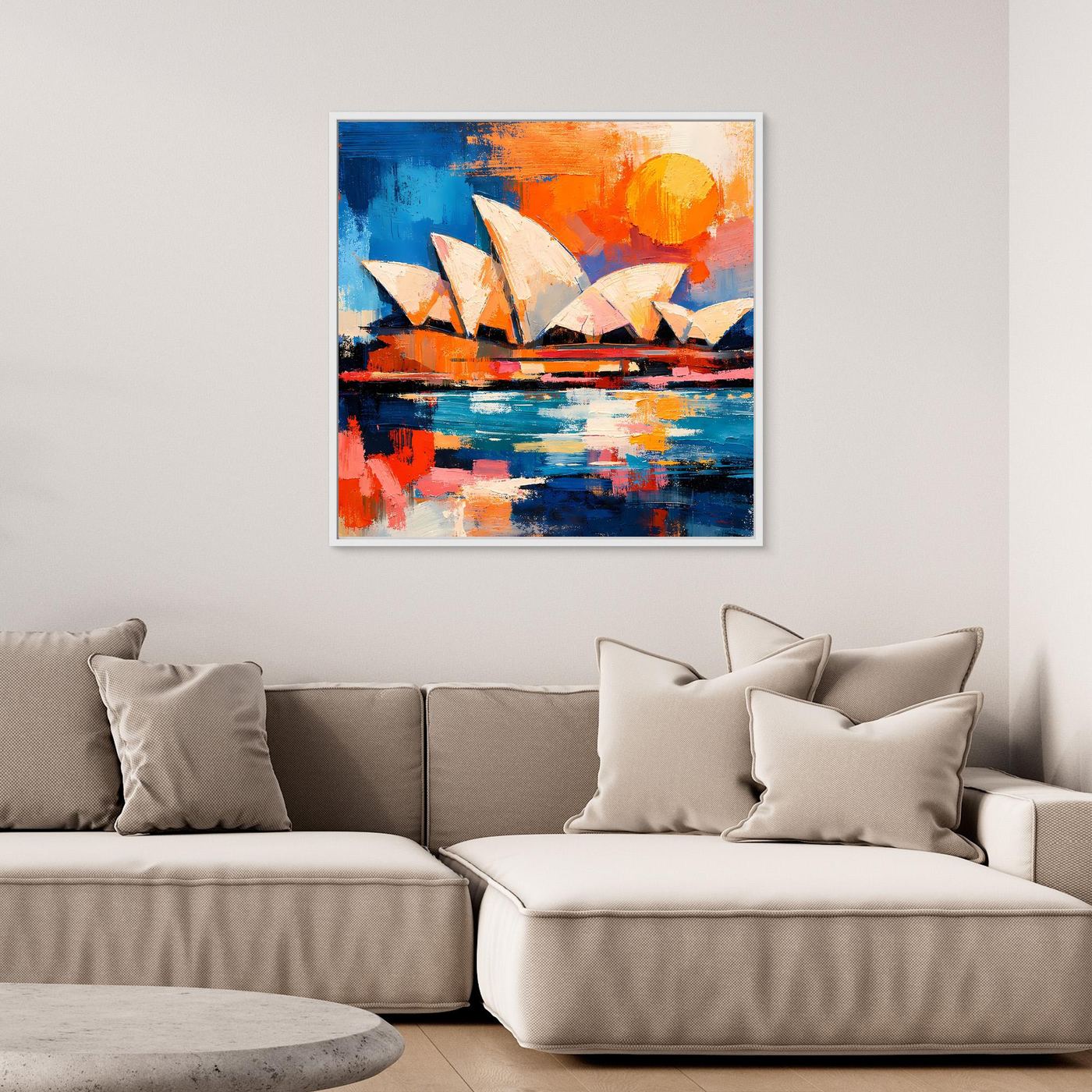 Abstract sailboat wall art with blue water and orange sky, wood-framed print