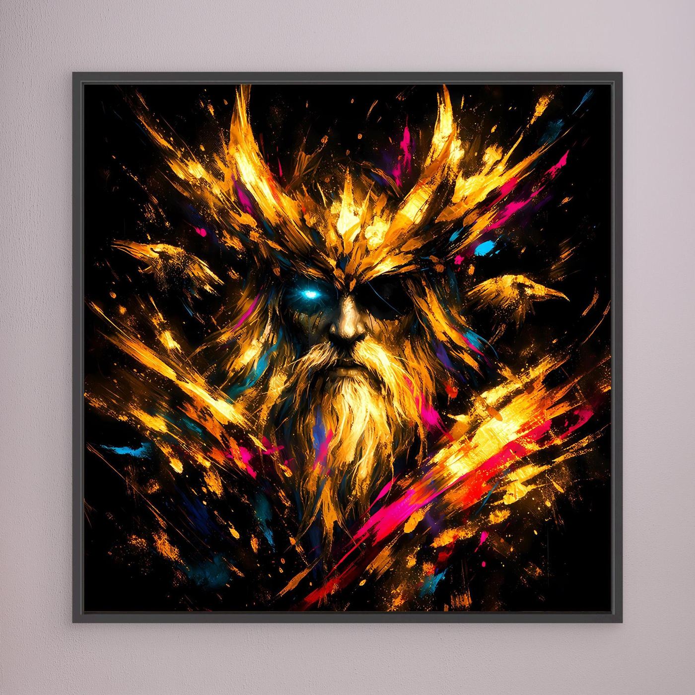 Leinwand Goldener Odin der Allvater mit Raben | Modernes Nordisches Mythologie Wandbild