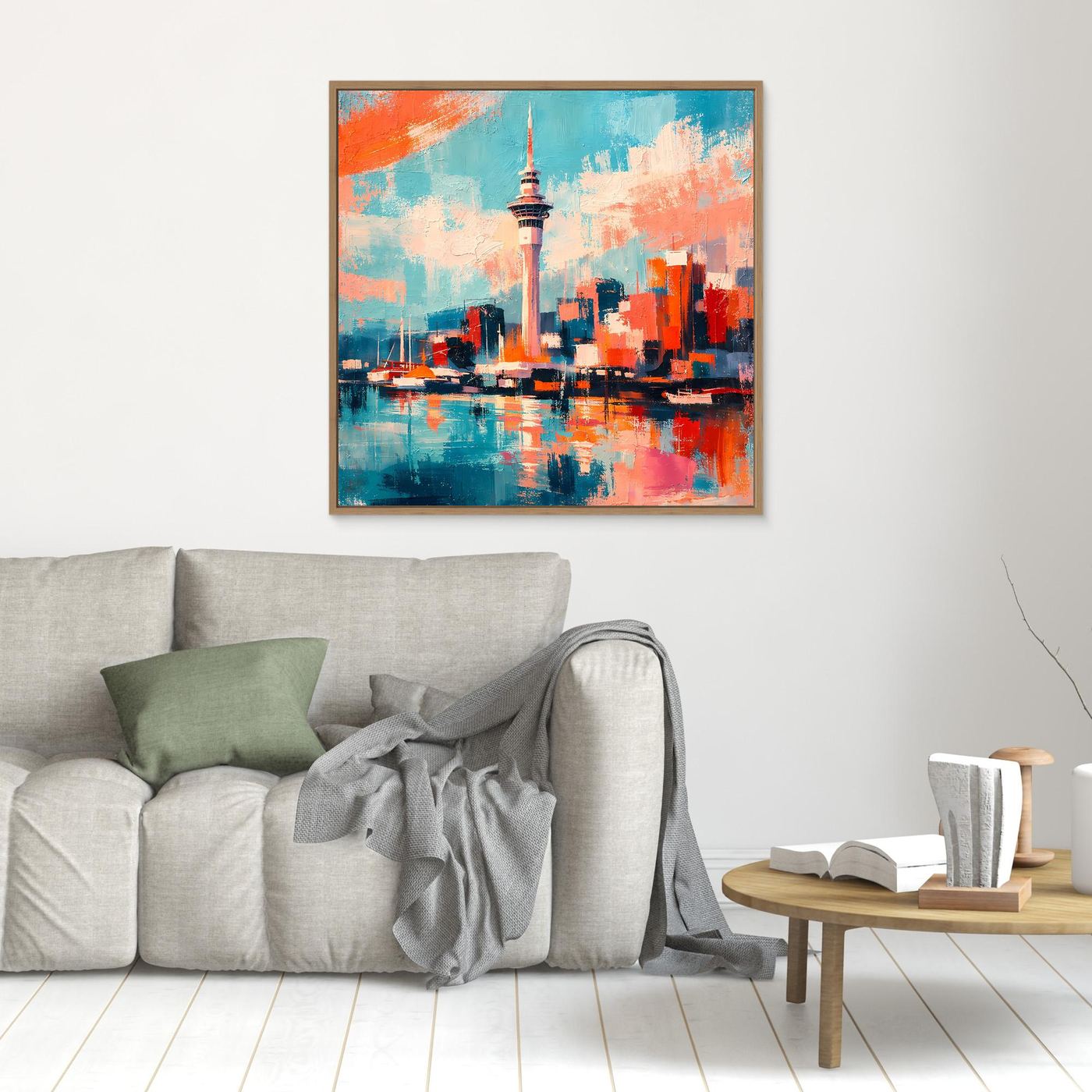 Abstraktes Wandbild mit Skyline und Sky Tower, türkis-orangefarbener Farbverlauf, Holzrahmen