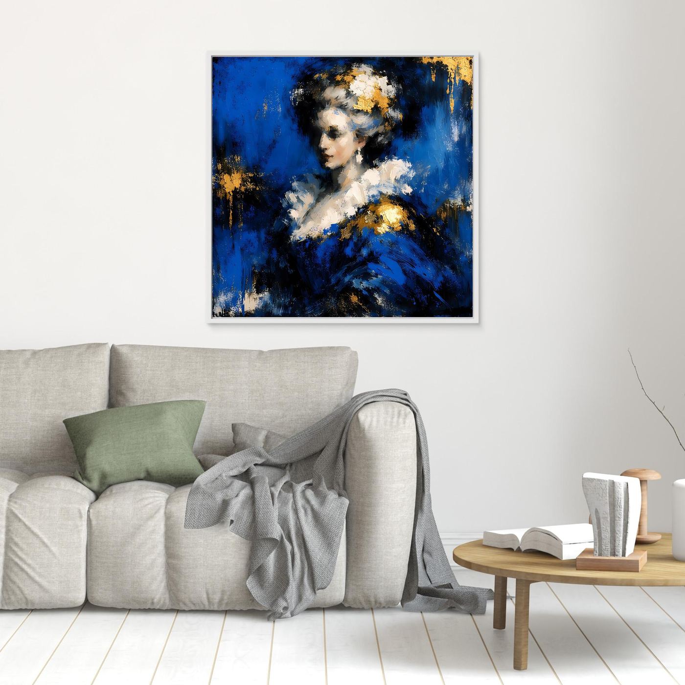 Leinwand Elegante Barock-Dame in Blau und Gold | Abstraktes Porträt Wandbild
