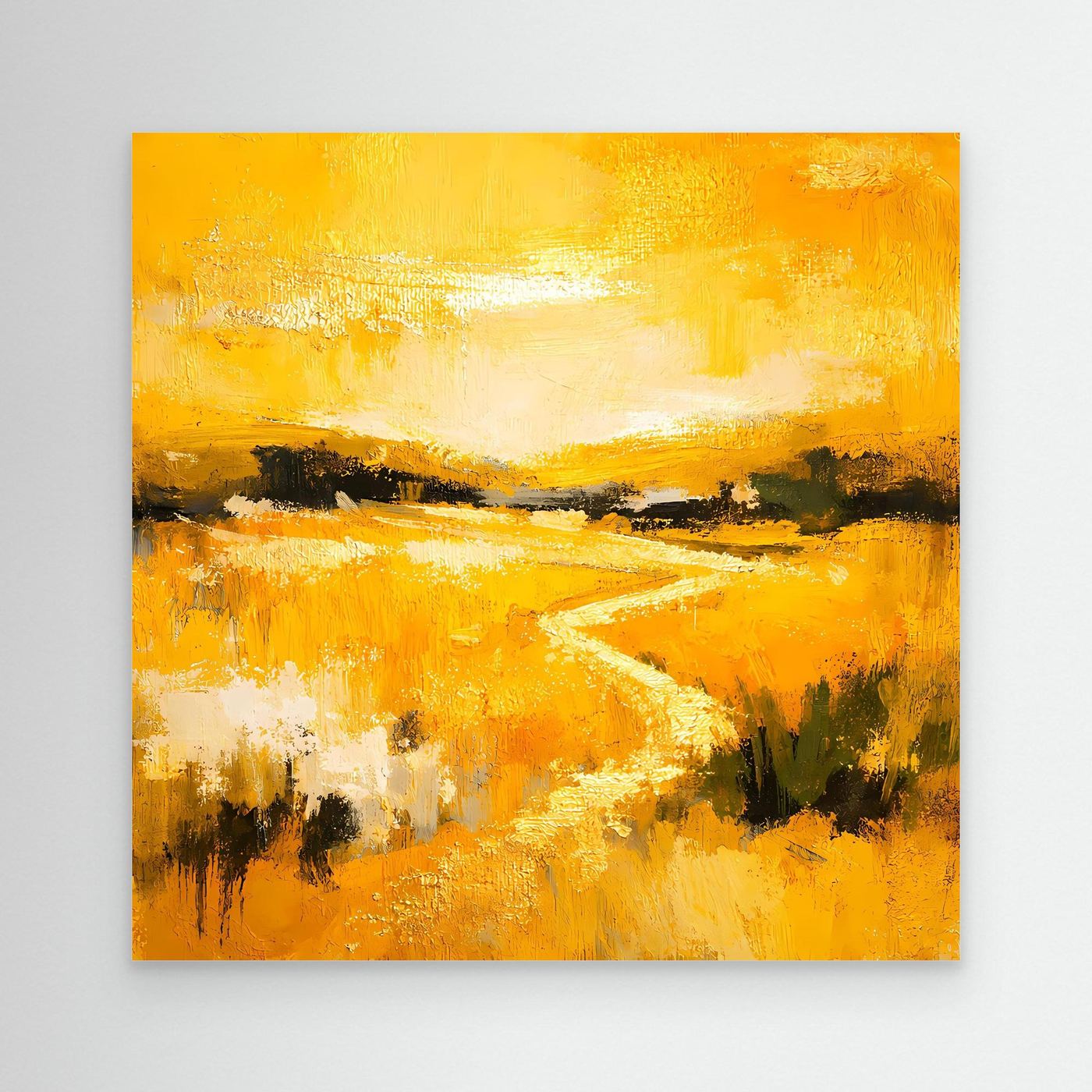 Leinwand Abstraktes Landschaftsgemälde in Gelb und Gold | Modernes Natur Wandbild mit Fluss