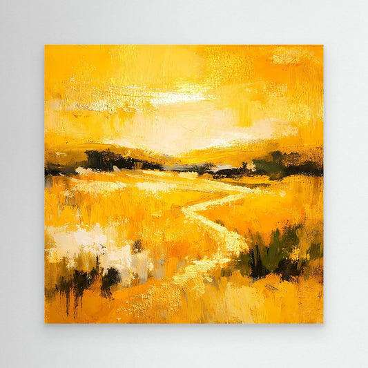 Leinwandbild: abstrakte Flusslandschaft in Gelb und Gold, ohne sichtbaren Rahmen