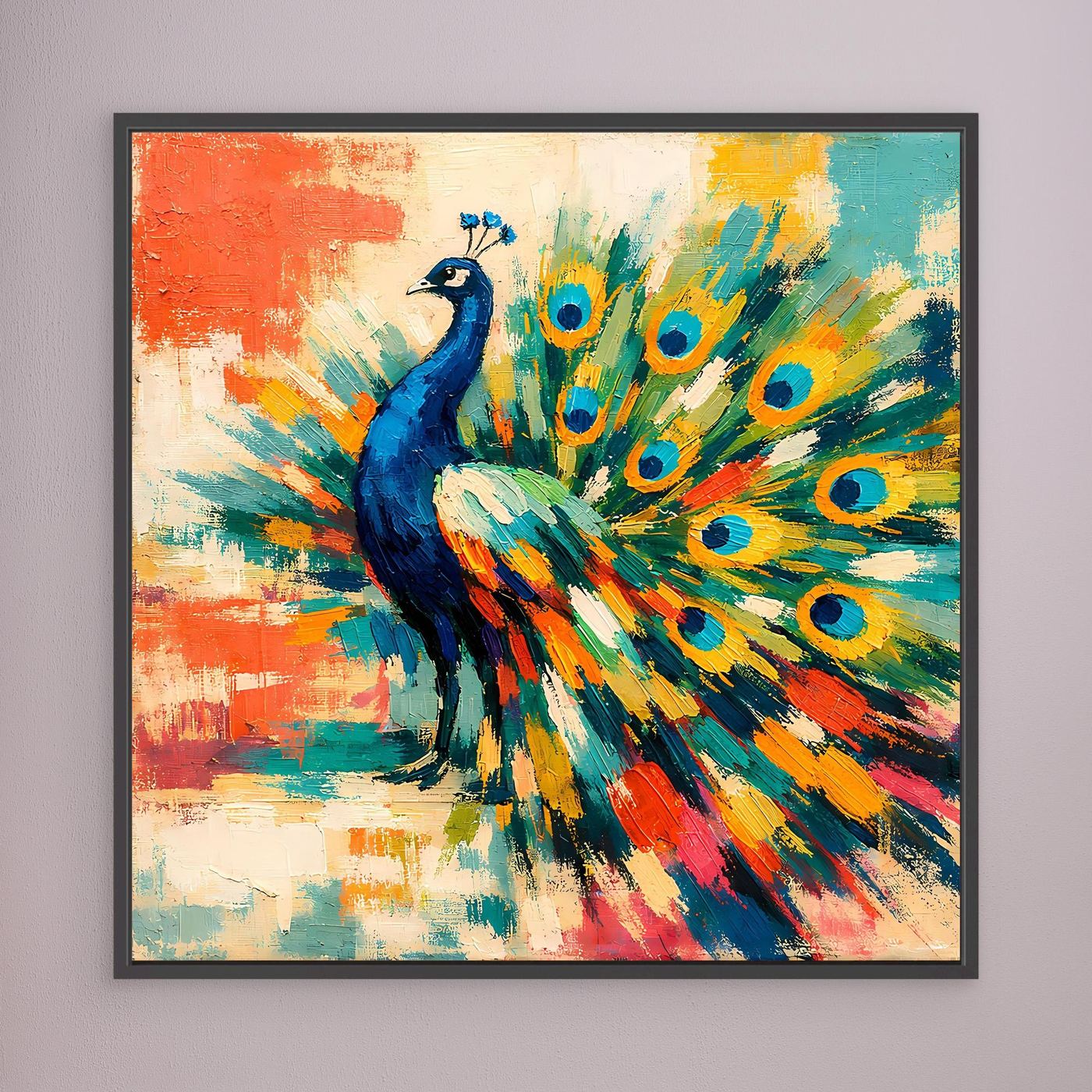 Black-framed abstract peacock canvas wall art with blue bird and multicolor tail fan