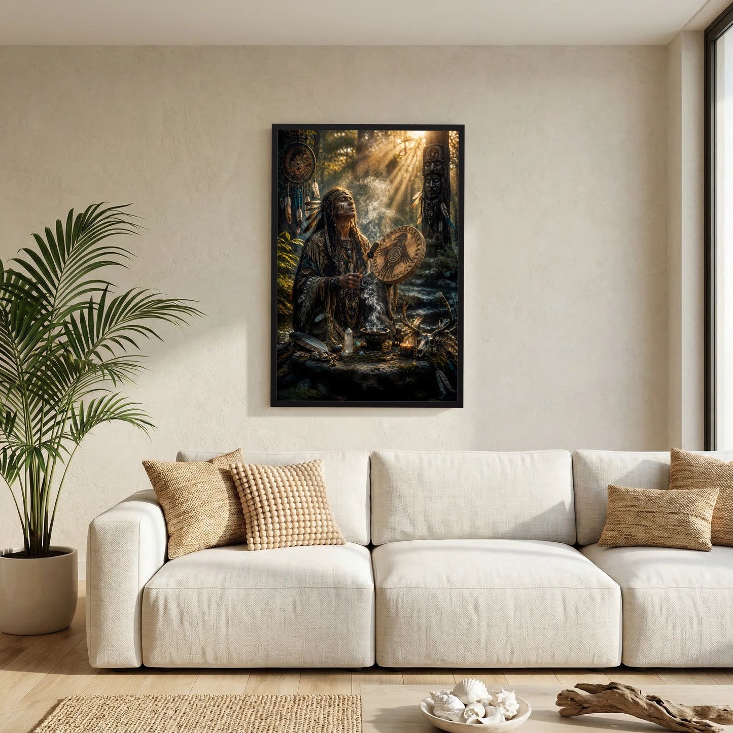 Wandposter mit Schamanenfigur, Trommel und Rauch, schwarzer Rahmen, hochformat.