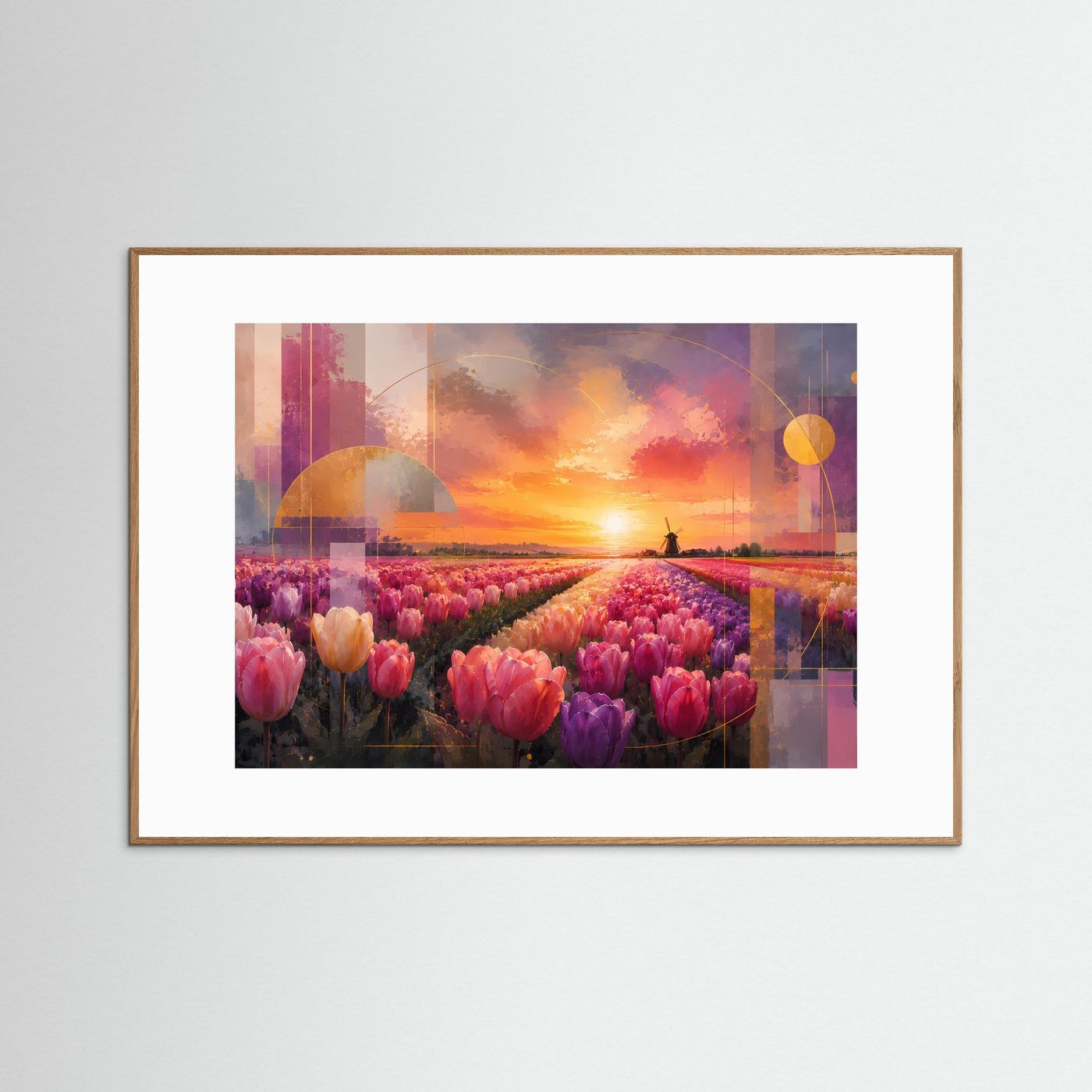 Querformat-Poster mit rosa Tulpenfeld und goldenem Himmel, abstrakte Windmühle im Hintergrund