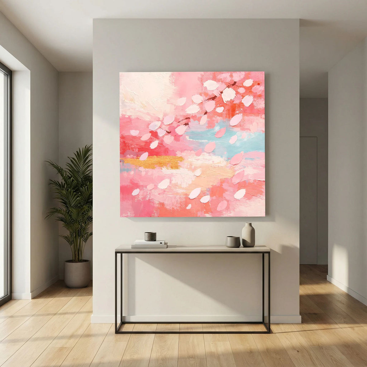 Quadratisches Leinwand-Wandbild mit abstrakten Kirschblütenblättern in Rosa und Hellblau