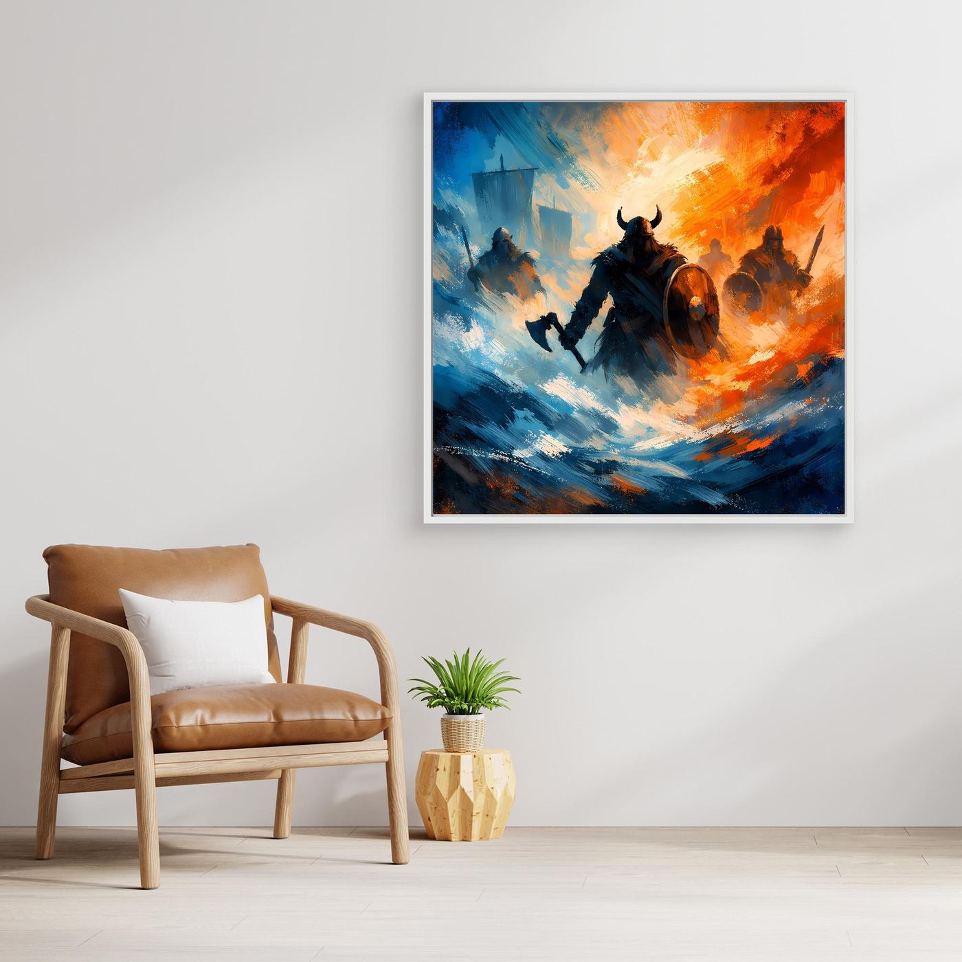 Leinwandbild mit Wikingerkrieger und Wellenbewegung, Holzrahmen; blau-orange Farbverlauf