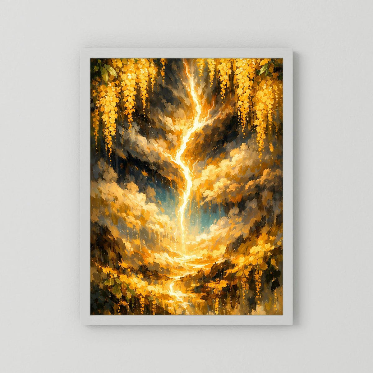 Hochformat-Poster mit goldenem Lebensbaum und Lichtflammen, in weißem Rahmen