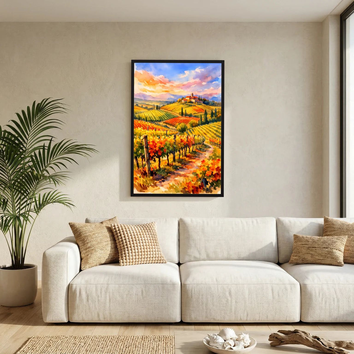 Weinberg-Poster im Hochformat mit italienischer Landschaft, schwarzer Rahmen an der Wand
