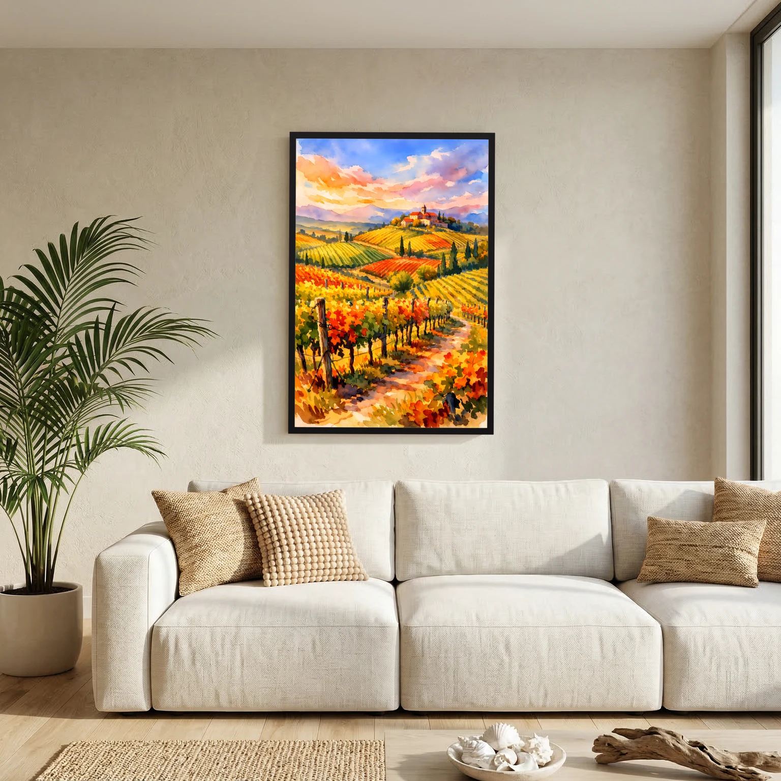 Weinberg-Poster im Hochformat mit italienischer Landschaft, schwarzer Rahmen an der Wand