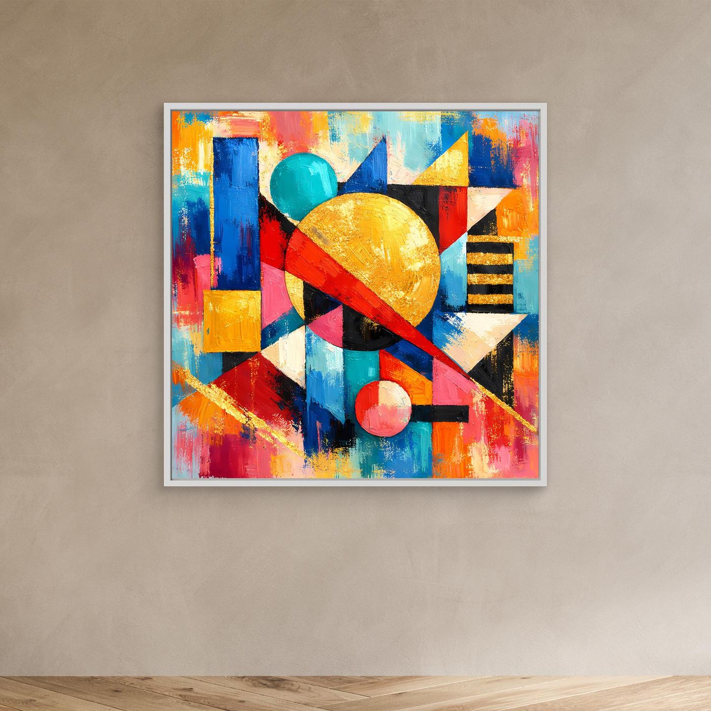 Leinwandbild mit weißem Rahmen und abstrakten geometrischen Formen, farbige Flächen und Kreise