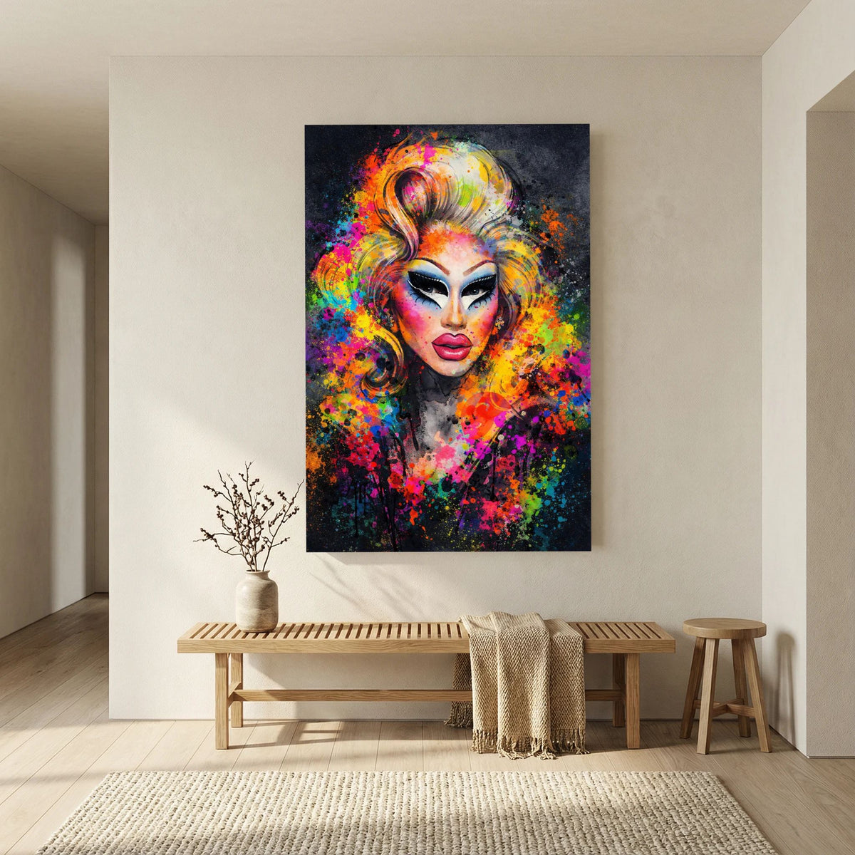 Wandbild: Drag-Queen-Porträt, abstrakt bunt, schwarzer Rahmen, Hochformat
