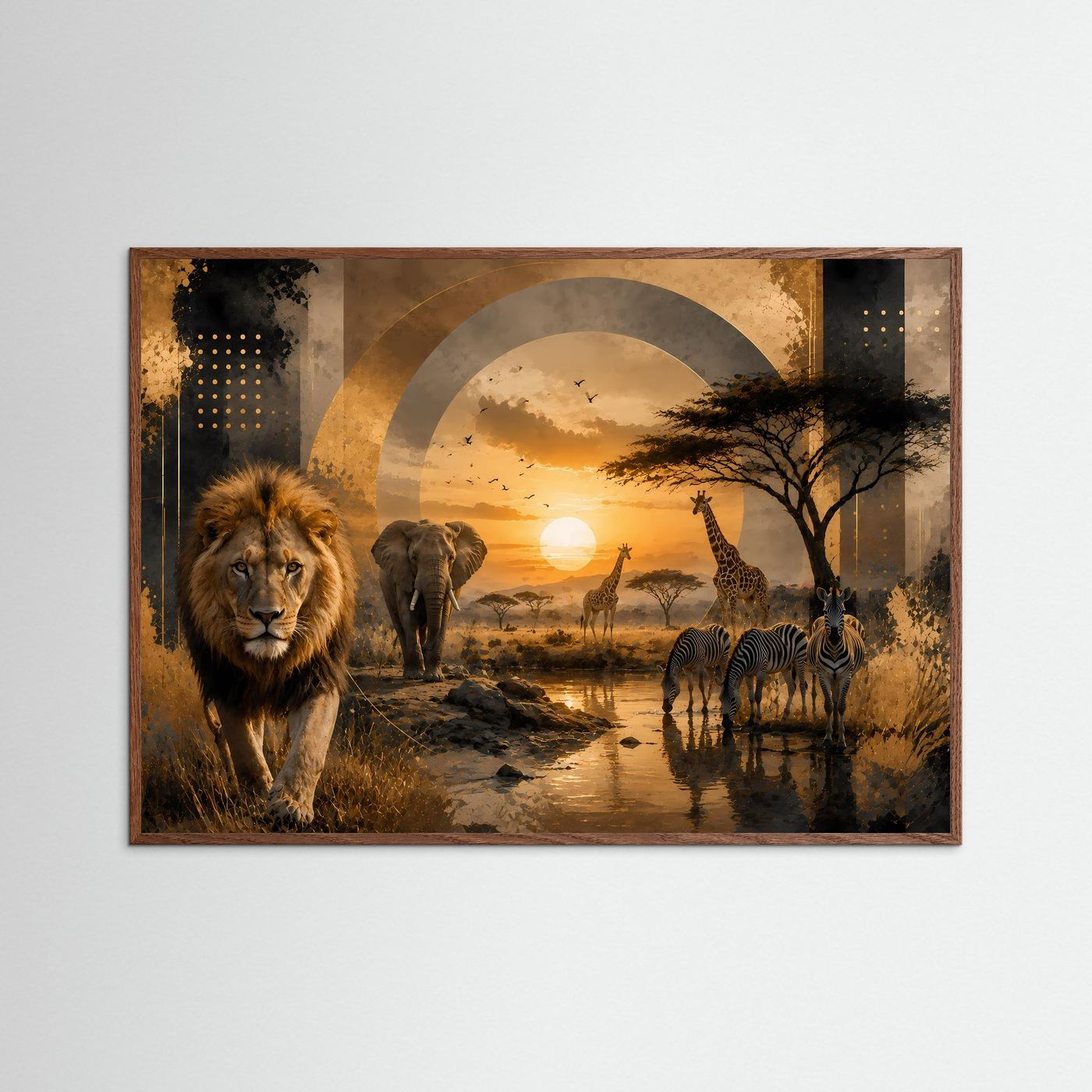 Querformatposter mit Löwe, Elefant und Zebra, im dunklen Holzrahmen