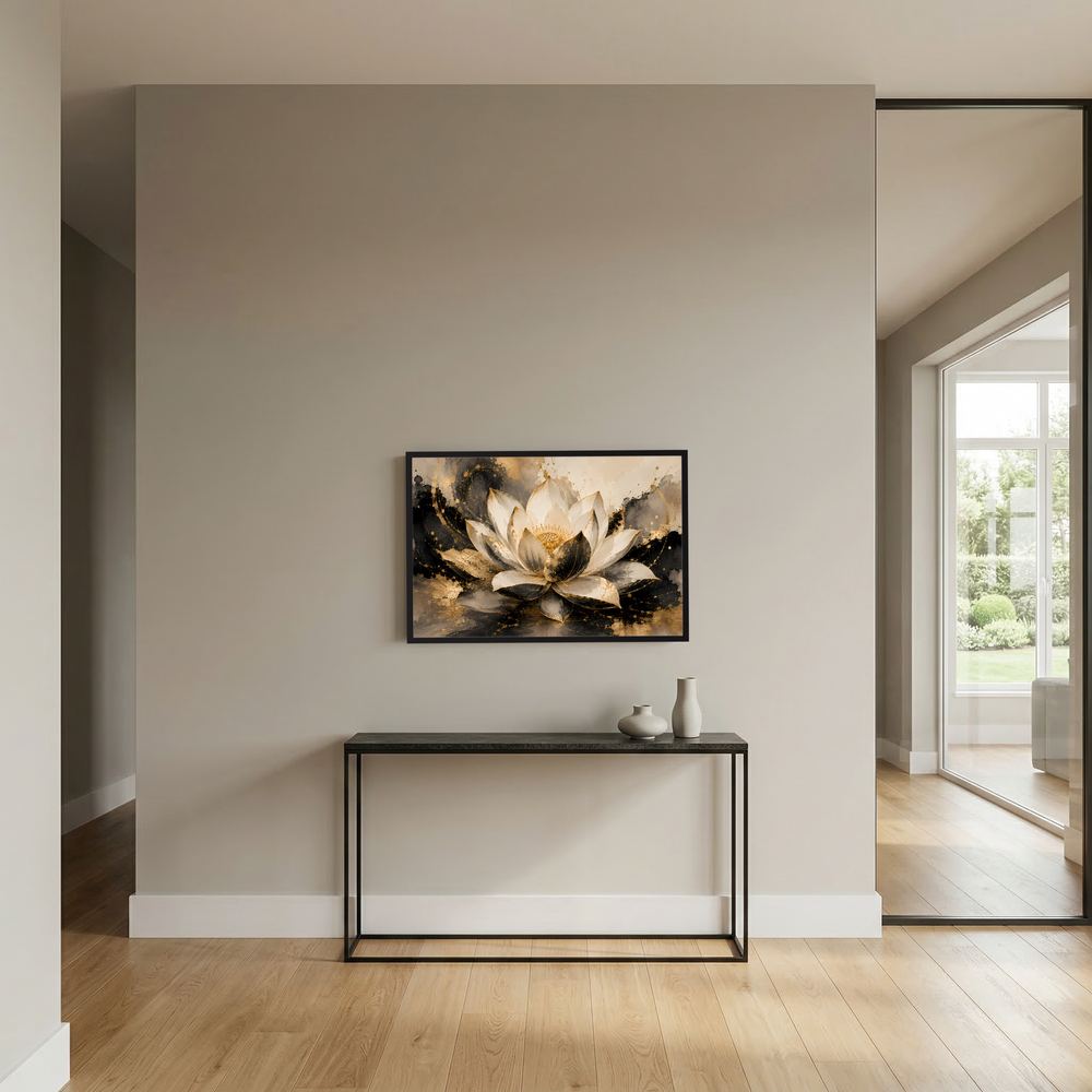 Lotusblüten-Poster im Querformat: abstrakte Lotusblüte in Creme, Schwarz und Gold.