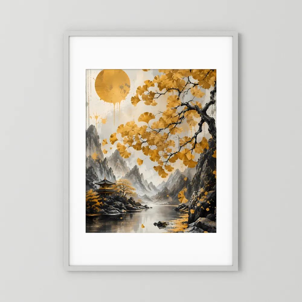 Weiß gerahmter Hochformatdruck mit asiatischer Landschaft, goldenem Blütenbaum, See und Tempel