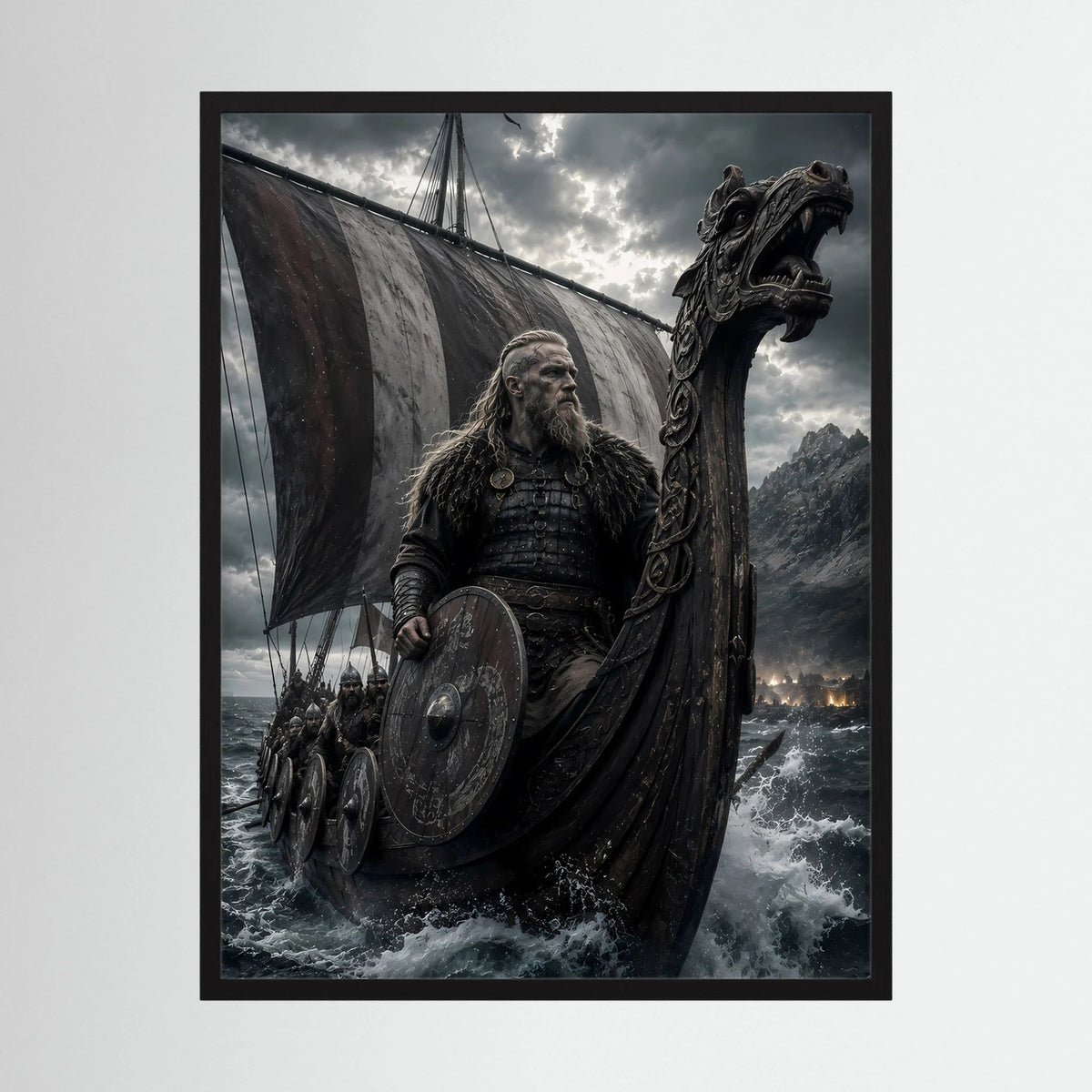 Nordischer Krieger auf Drachenschiff, hochformatiges Poster mit Drachenkopf und Schild