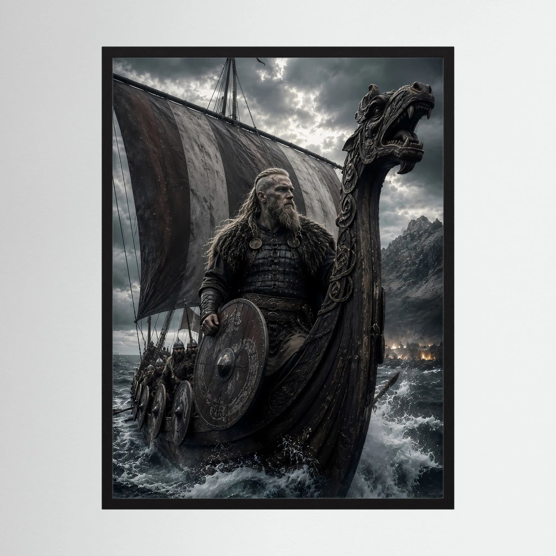 Nordischer Krieger auf Drachenschiff, hochformatiges Poster mit Drachenkopf und Schild