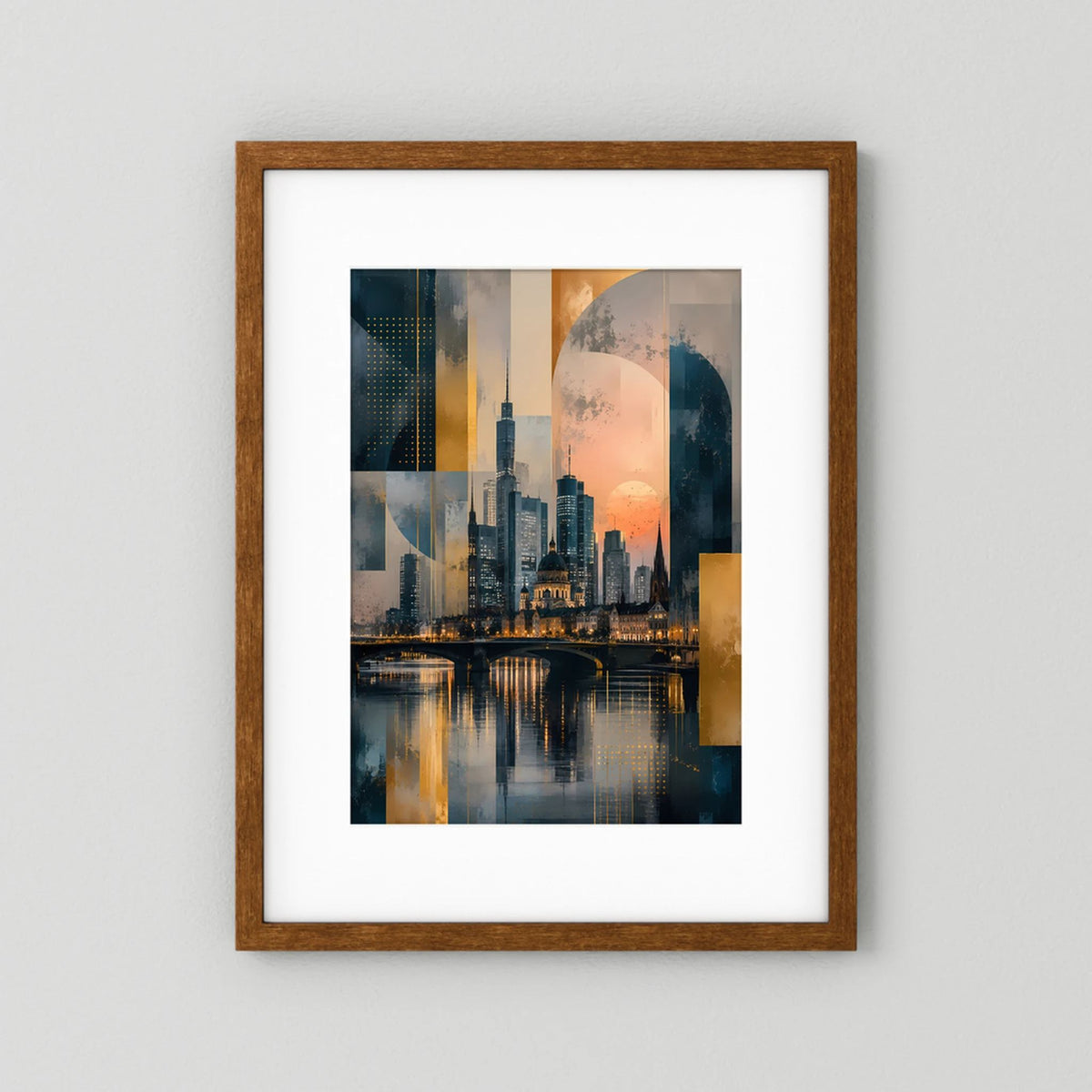 Poster (Hochformat) mit abstrakter Skyline am Fluss, Gold- und Petroltöne, brauner Holzrahmen