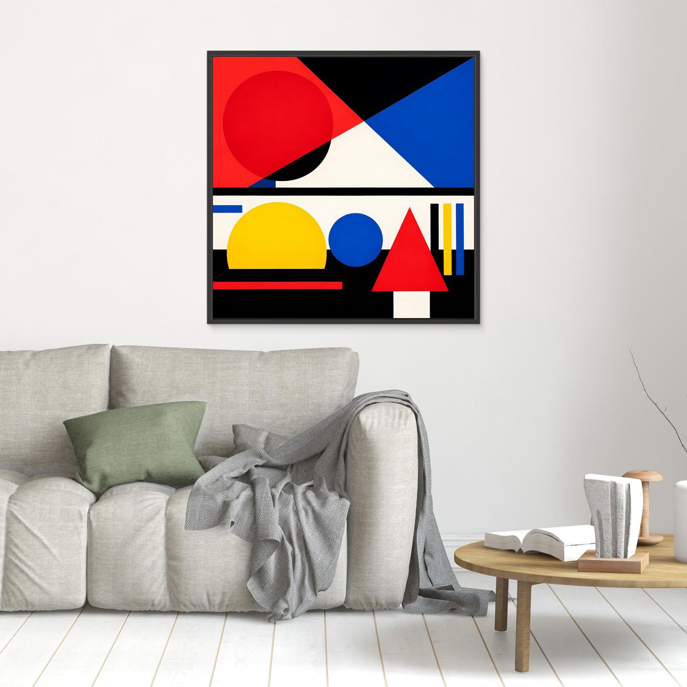 Leinwandbild geometrische Abstraktion mit roten Kreisen und blauen Flächen, schwarzer Rahmen