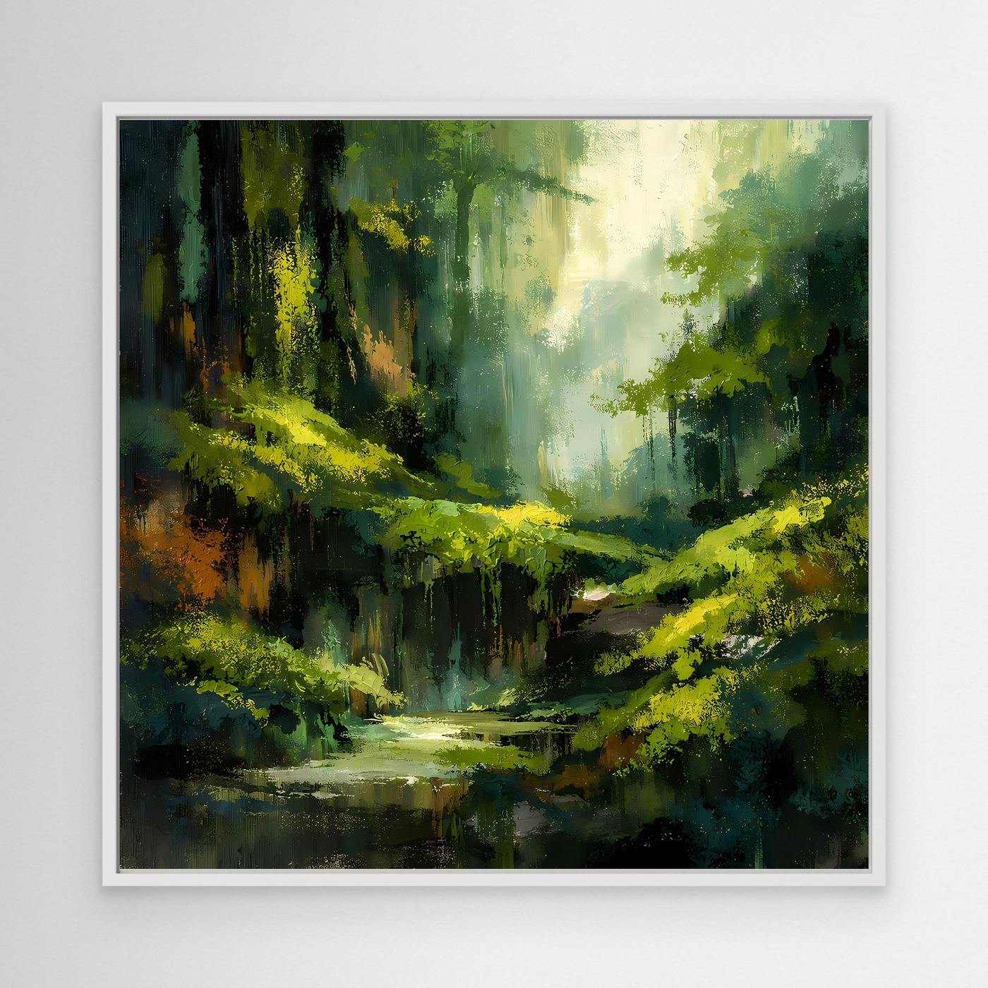 Leinwand-Wandbild mit weißem Rahmen, abstrakter Waldpfad und grüner Fluss