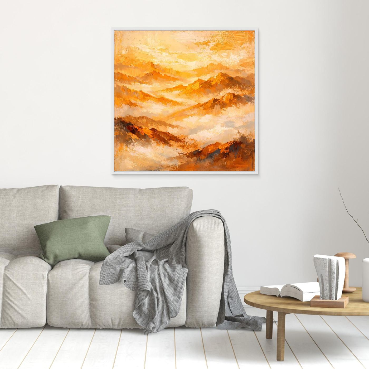 Wandbild auf Leinwand mit abstraktem Gebirgsdesign in Orange-Gold, weiß gerahmt