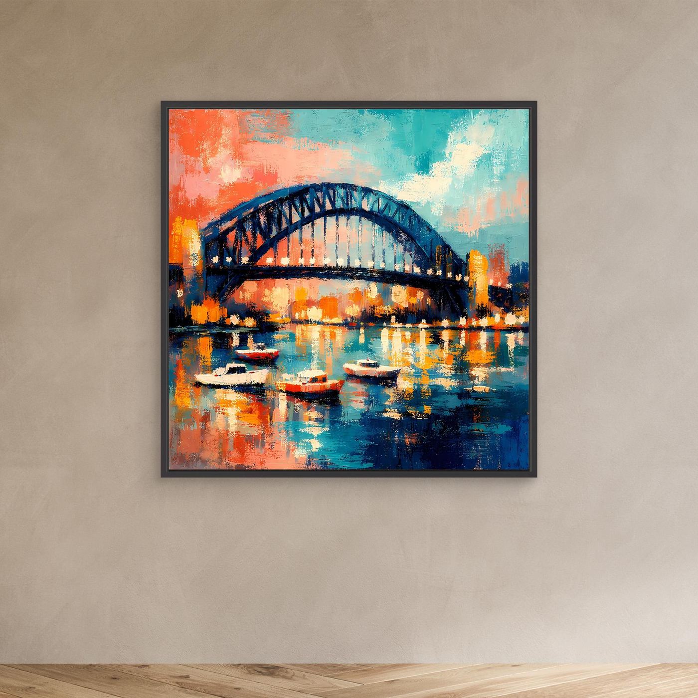 Abstraktes Leinwandbild mit Harbour-Brücke und Booten im Wasser, schwarzer Rahmen
