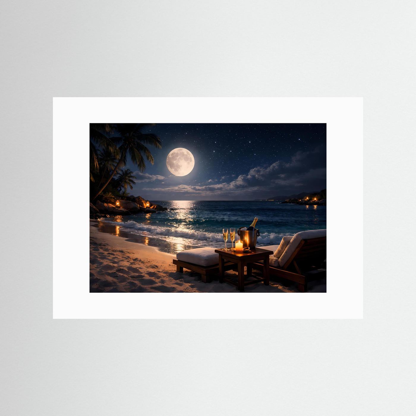 Querformatiges Strandposter mit weißem Passepartout: Vollmond, Tisch und Liegestühle am Meer